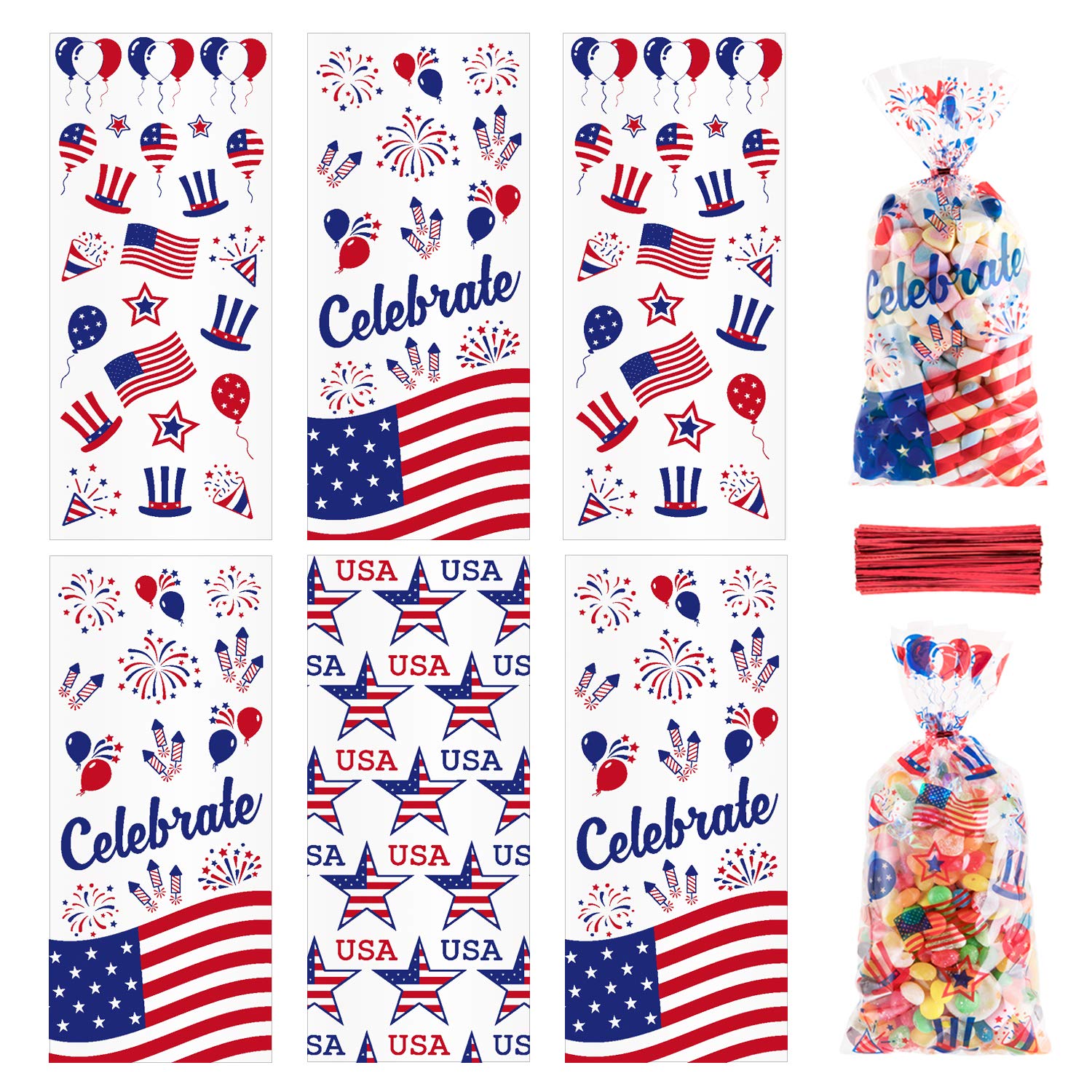 Whaline 150Pcs Patriotic Cello Bag, 3 Style Candy Cellophane Bags with Red Twist Tie, 4th of July Gifts Bags Party Favors Treat Bags for Sports Event Independence Day Party Table Setting