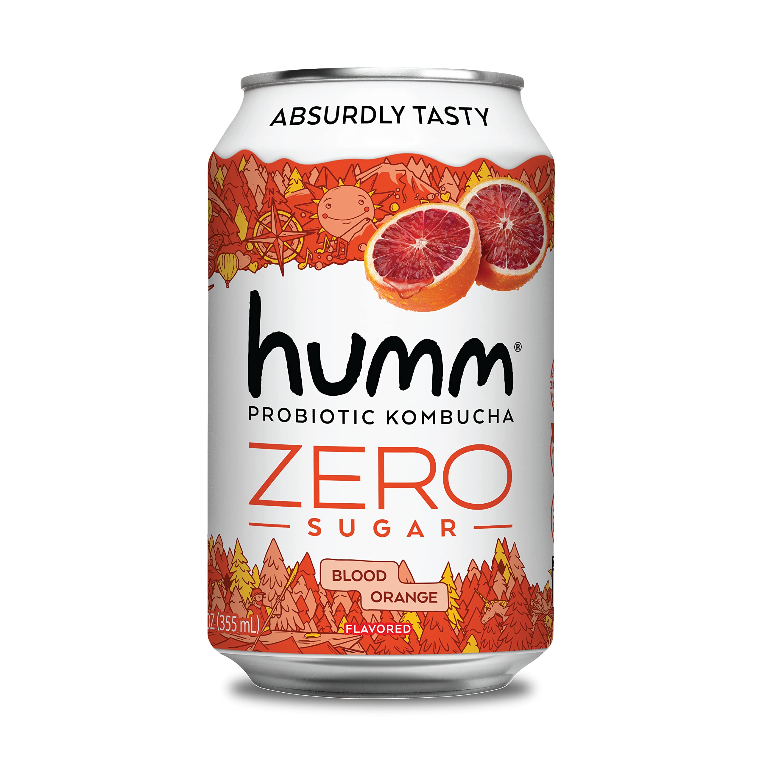 Humm Probiotic Kombucha Zero Sugar Blood Orange - No Refrigeration Needed, Keto-Friendly, Organic, Vegan, Gluten-Free - 12oz Cans (4 Pack)