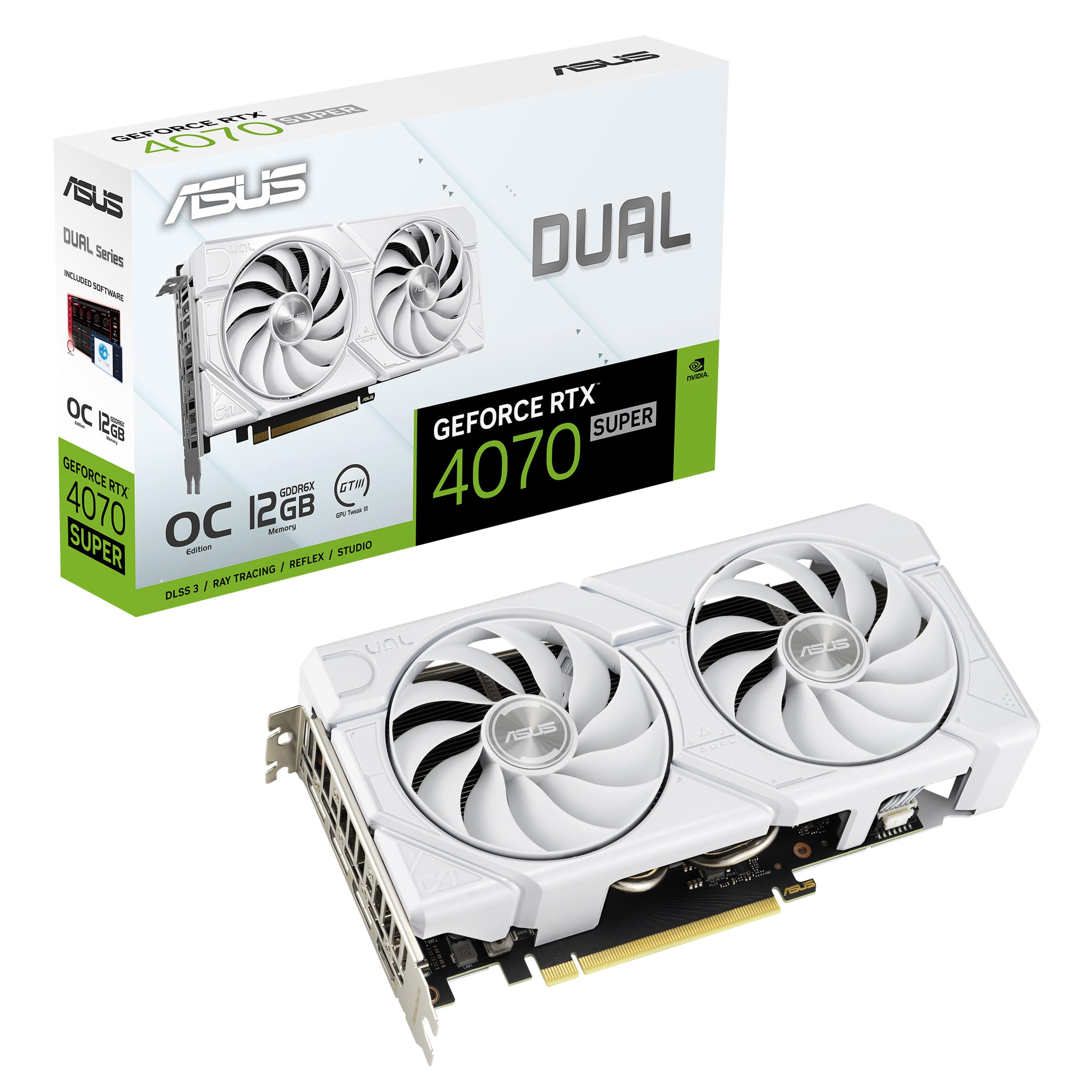 ASUS Dual GeForce RTX™ 4070 Super EVO White OC Edition (PCIe 4.0, 12GB GDDR6X, DLSS 3, HDMI 2.1a, DisplayPort 1.4a, 2.5-Slot Design, Axial-tech Fan Design, Dual BIOS)