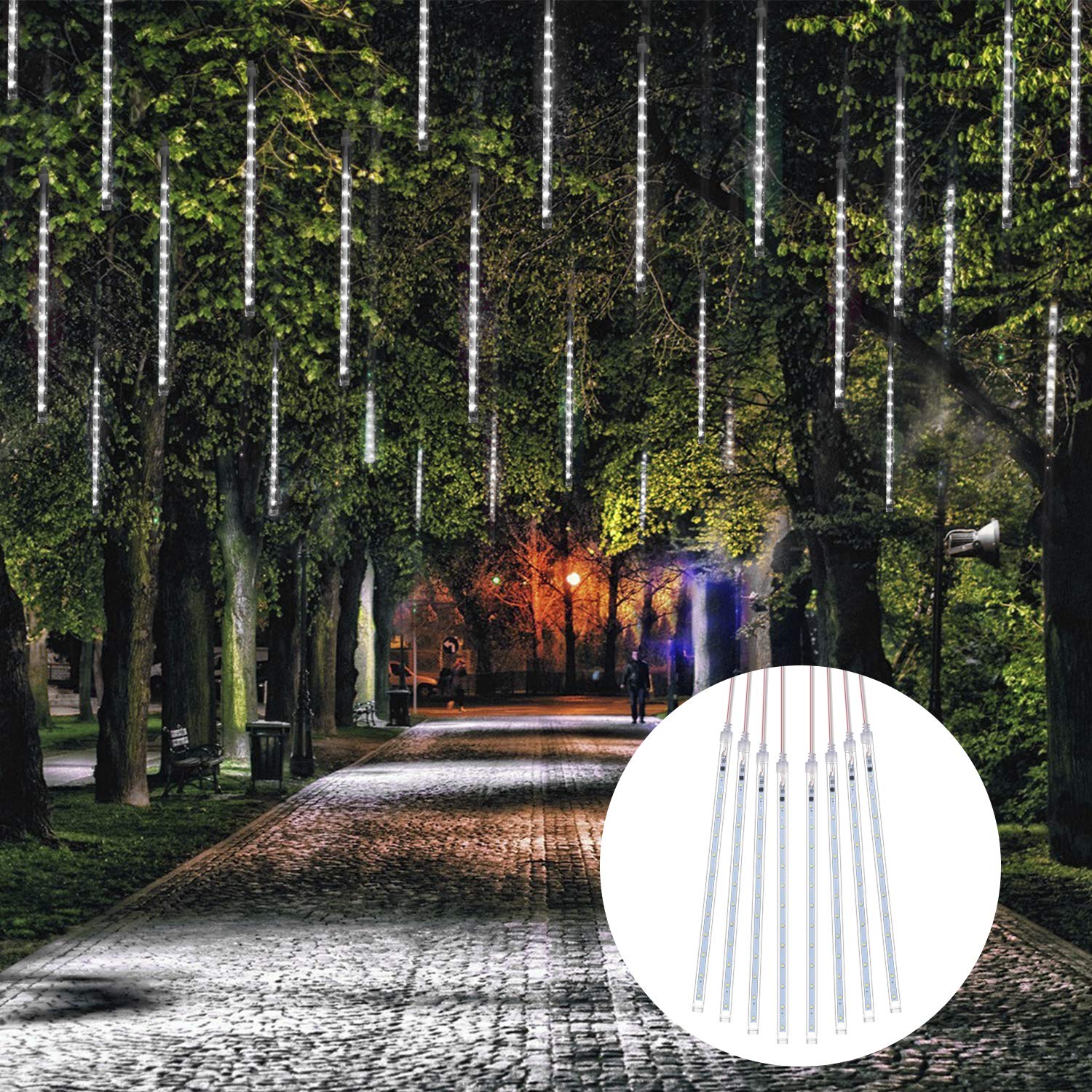 Uzone Christmas Lights Meteor Shower Rain Lights 8 Tube 192 LED Waterproof Main Powered Falling Rain Fairy Dripping Icicle Lights for Christmas Holiday Lawn Tree Outdoor Decoration, White