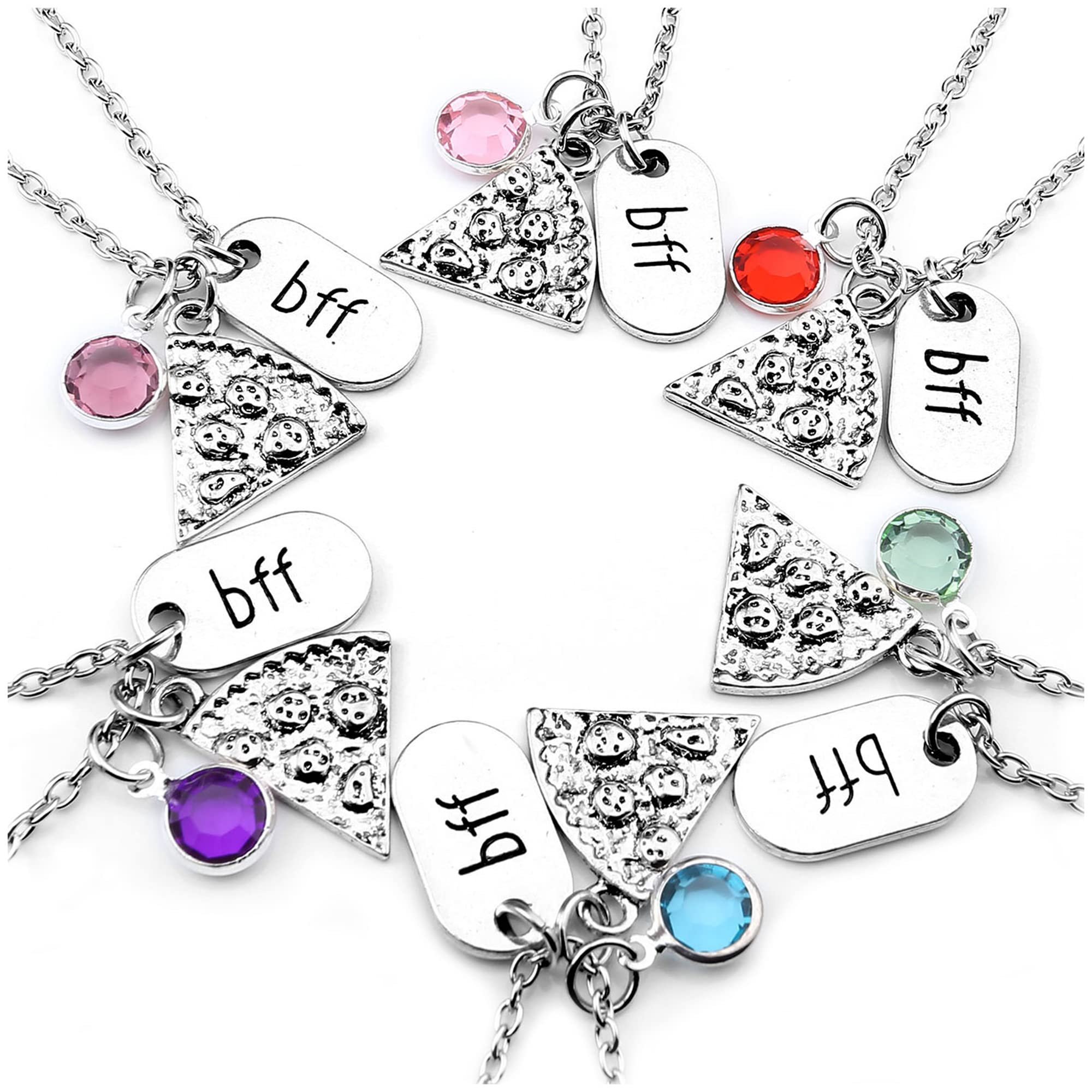 Top PlazaWomens Silver Tone Rhinestone Best Friends Forever BFF Necklace Engraved Pizza Pendant Necklaces 21 Inches - Set of 6