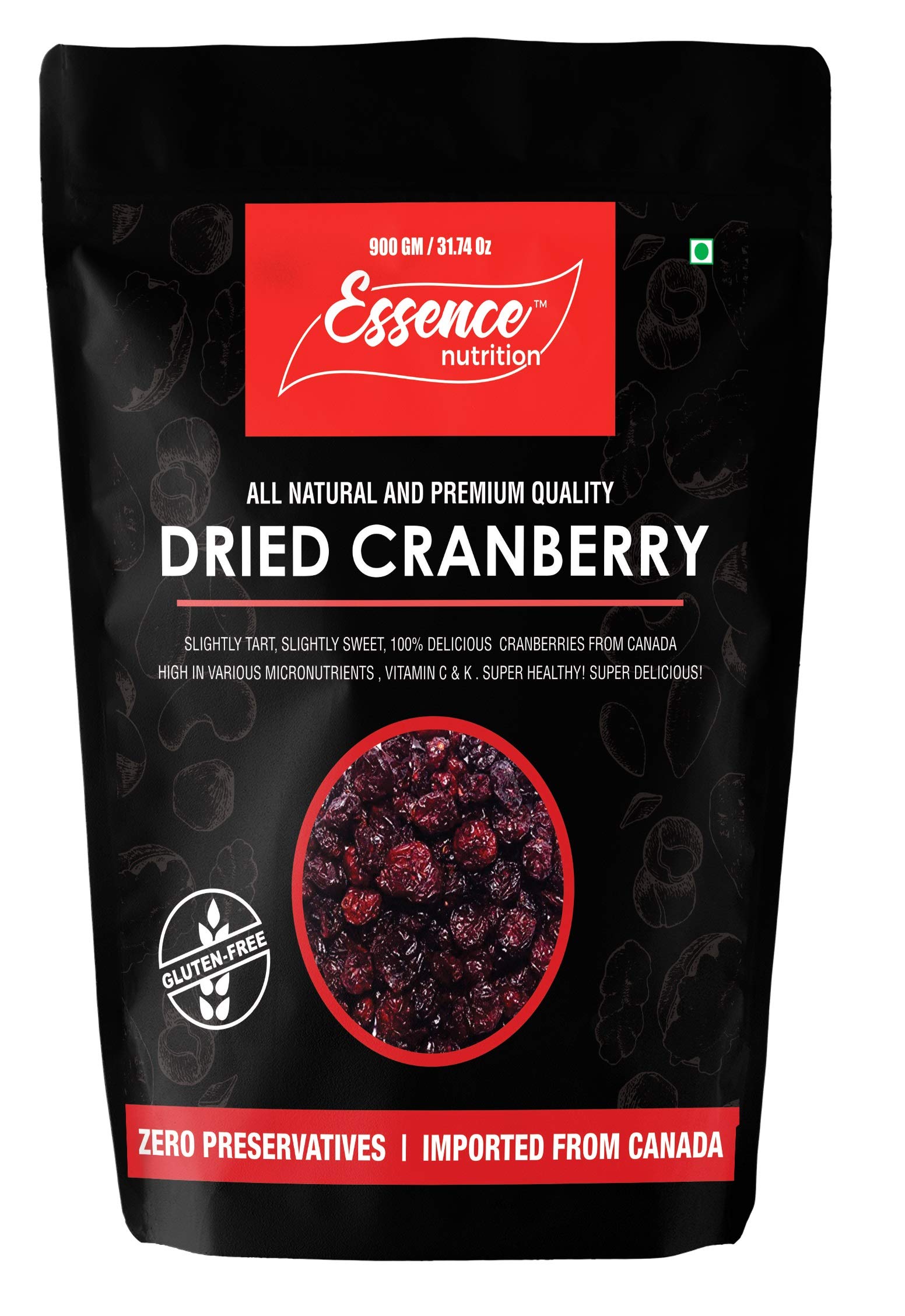 Essence Nutrition Organic Whole Cranberries (900 Grams) - Gluten Free Unsulphured [ Imported From Canada ] Cranberry Dry Fruit Without Sugar