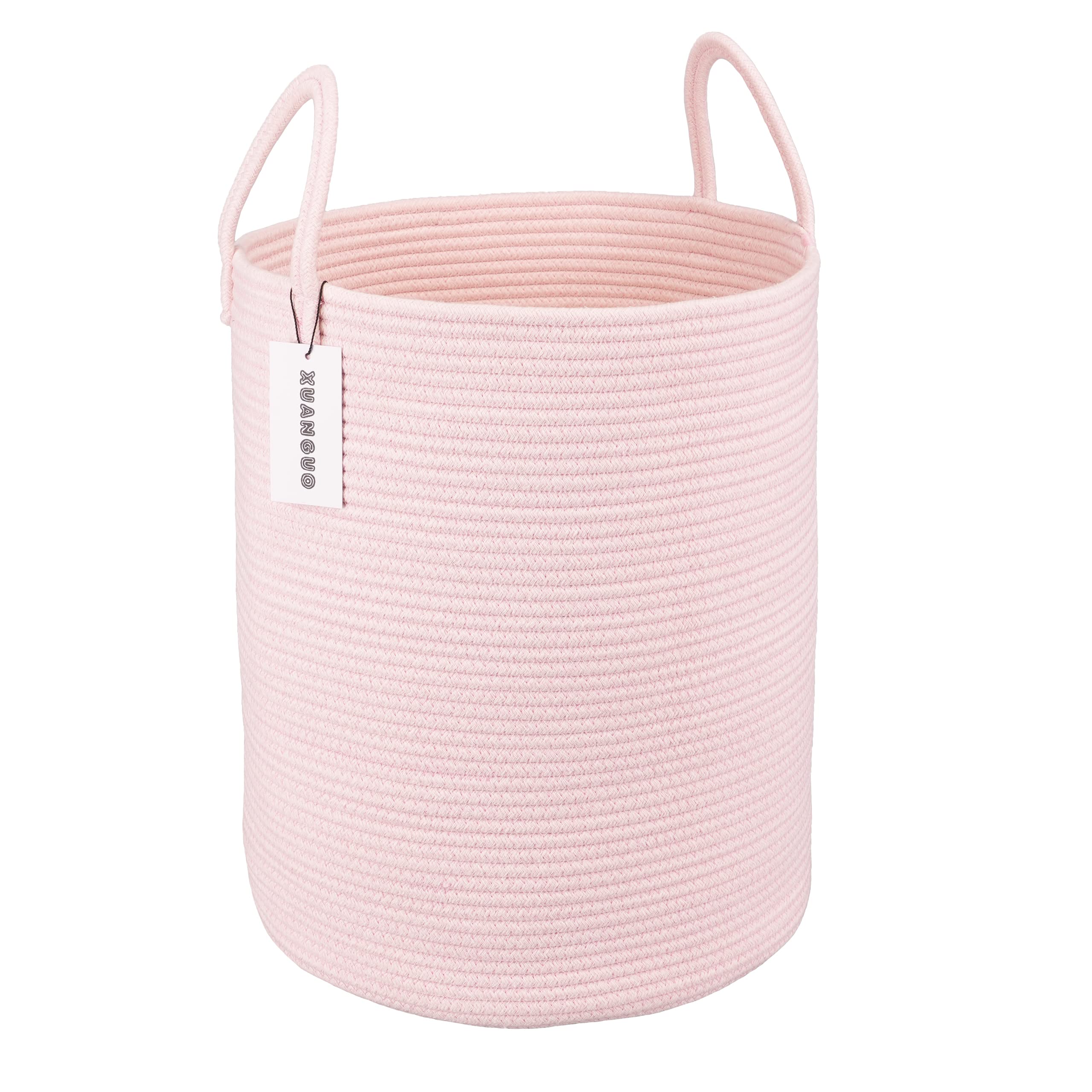 Cotton Rope Laundry Basket Hamper for Girls Kids Baby Nursery Hamper Bin Woven Storage Basket for Living Room Girls room Boho Tall Rope Baskets for Blanket Toys Large light pink