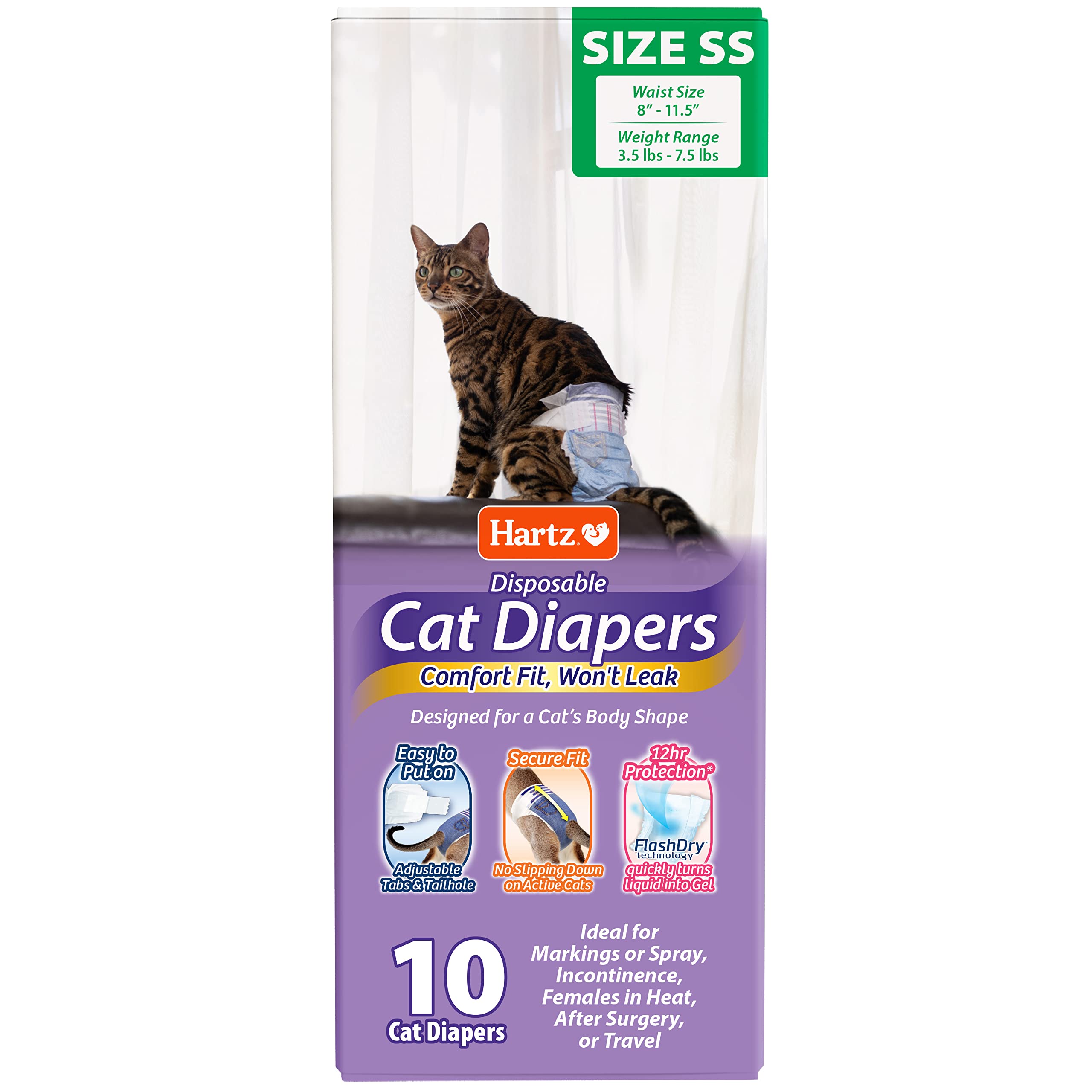 Hartz Disposable Cat Diapers, Easy to Put On, Comfortable & Secure Fit for 12 Hours Leak Protection, Multiple Sizes,X-Small (SS)