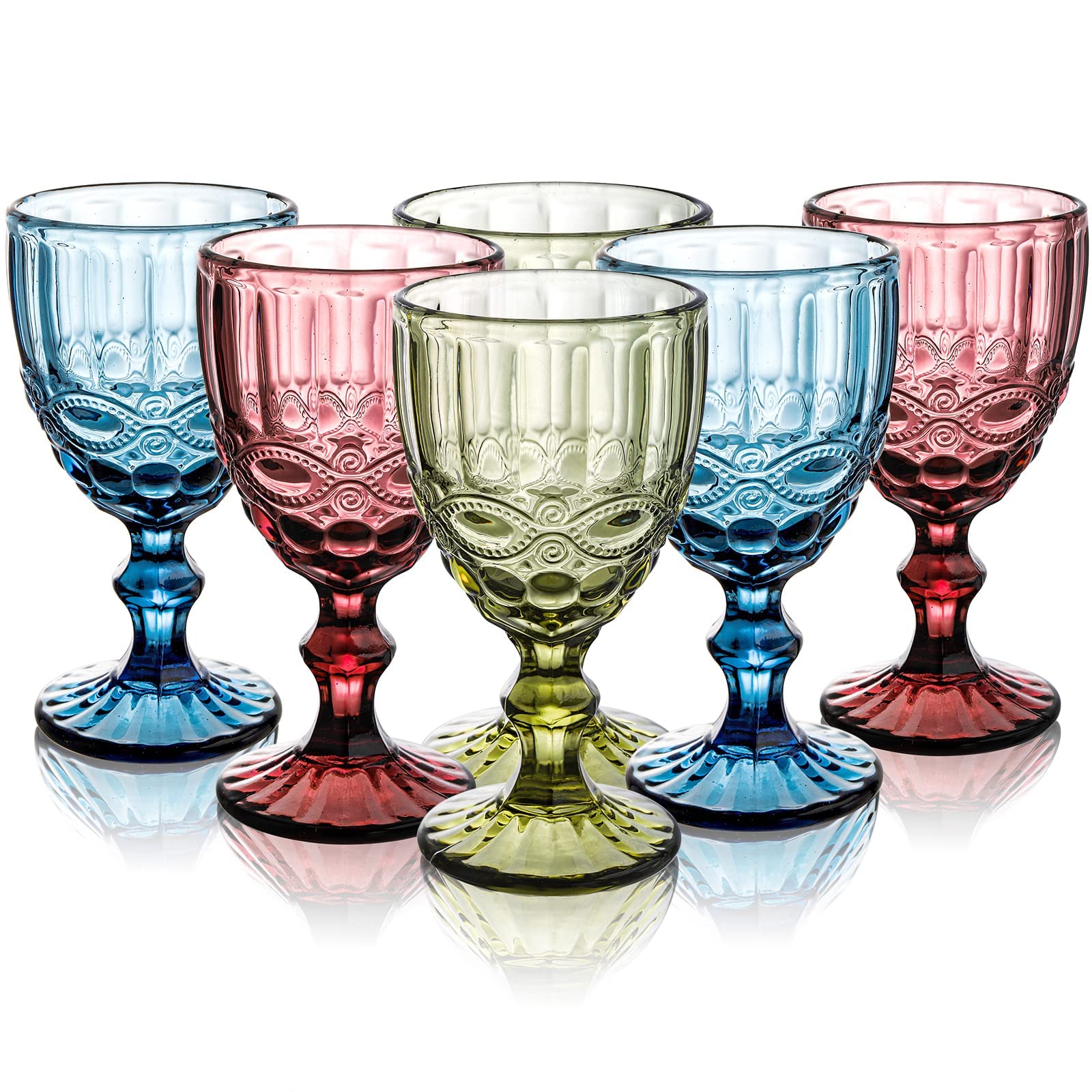 Youeon Set of 6 Colored Wine Goblets, 300 ml Wine Glasses Set with Embossed Pattern, Colored Wine Glasses Vintage Glassware for Party, Wedding, Bar, Wine, Juice, Beverage, 3 Colors