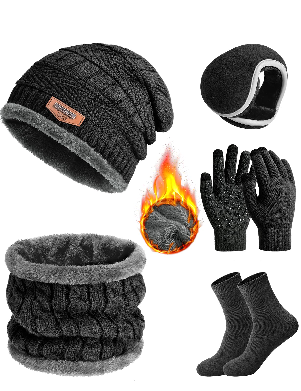 heekpekMens Hat Scarf Glovers Set Unisex 5PCS Winter Set Fleece Lining Knitted Beanie Hat Earmuffs Neck Warmer Knit Gloves Thermal Socks Gift Set for Skiing Hiking Driving