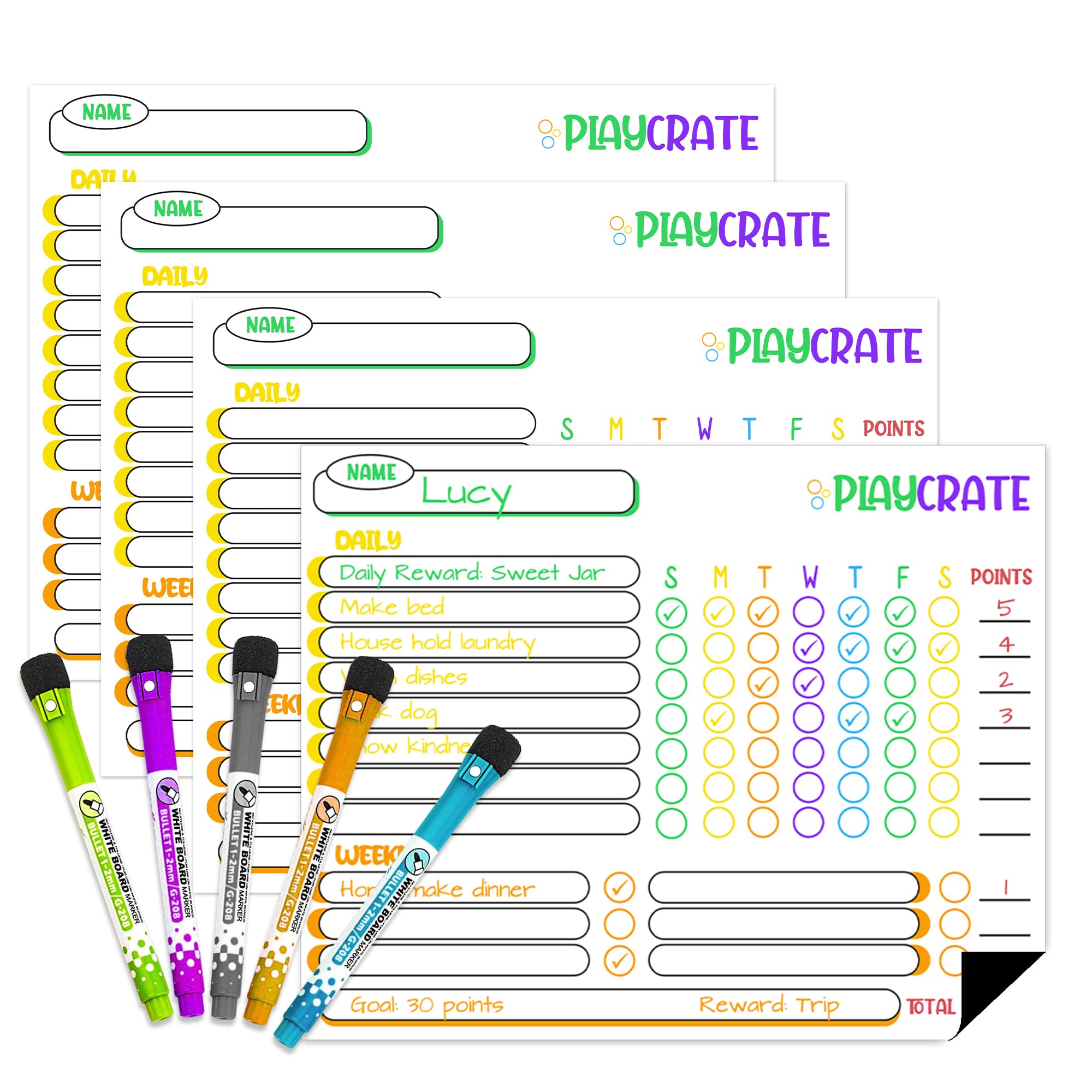 Magnetic Reward Chore Chart Kids - 4 Good Behaviour Fridge Task Reward Whiteboard Charts - Dry Erase - 5 Whiteboard Markers