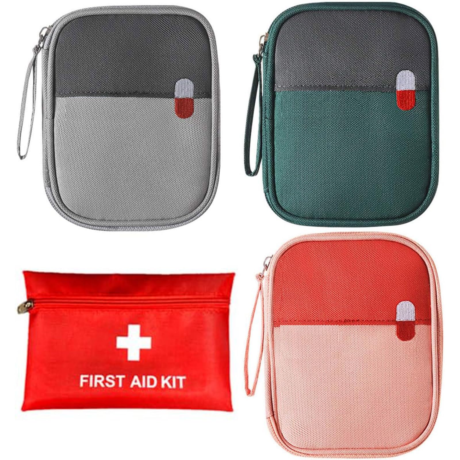 IS MUHE First Aid Kit Bag Empty Travel Medication Pouch Mini Zippered Oxford Medical Survival Kit Carrier Handy Medicine Pills Drugs Package Organizer (Red +Blue+gray)