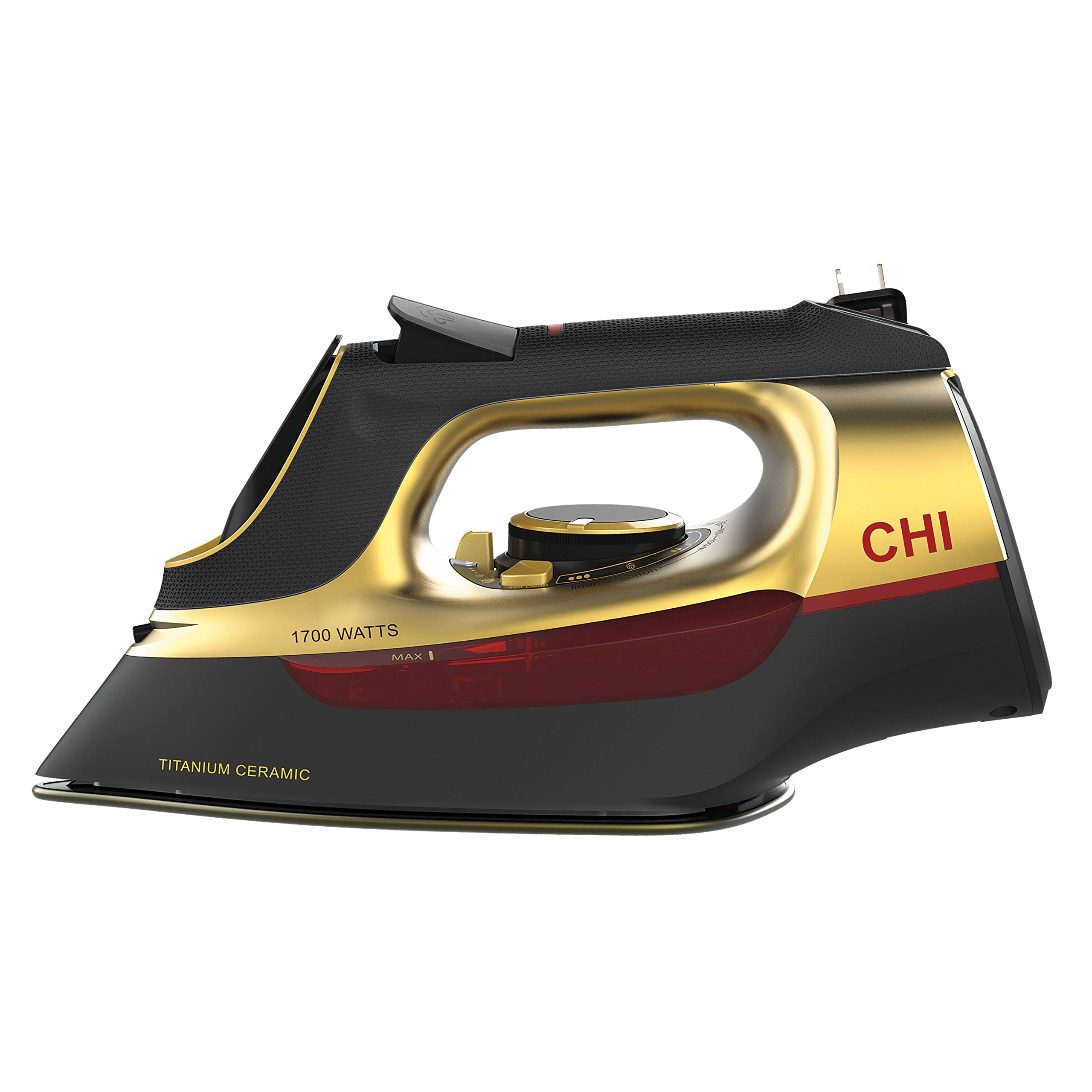 CHI Steam Iron for Clothes with Titanium Infused Ceramic Soleplate, 1700 Watts, Retractable Cord, 3-Way Auto Shutoff, 400+ Holes, Professional Grade, Gold (13116)