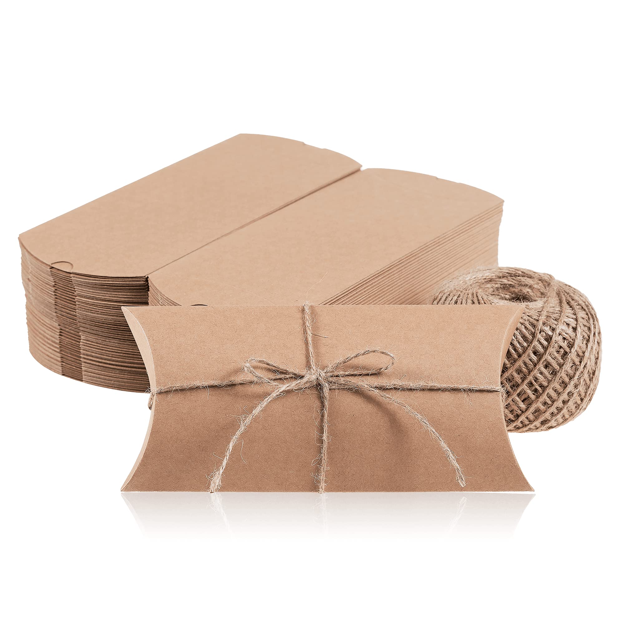 MATICAN Pillow Boxes, 100-Pack Pillow Gift Boxes with Twine Rope, Kraft Mini Favor Boxes, 7.5 x 3.7 x 1.2 Inches