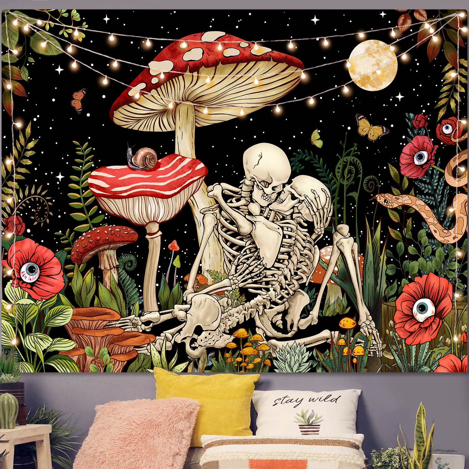 Accnicc Mushroom Skull Tapestry Skeleton Floral Plant Flower Aesthetic Bedroom Tapestries Nature Moon Wall Tapestry for Dorm Living Room (48'' × 36'')