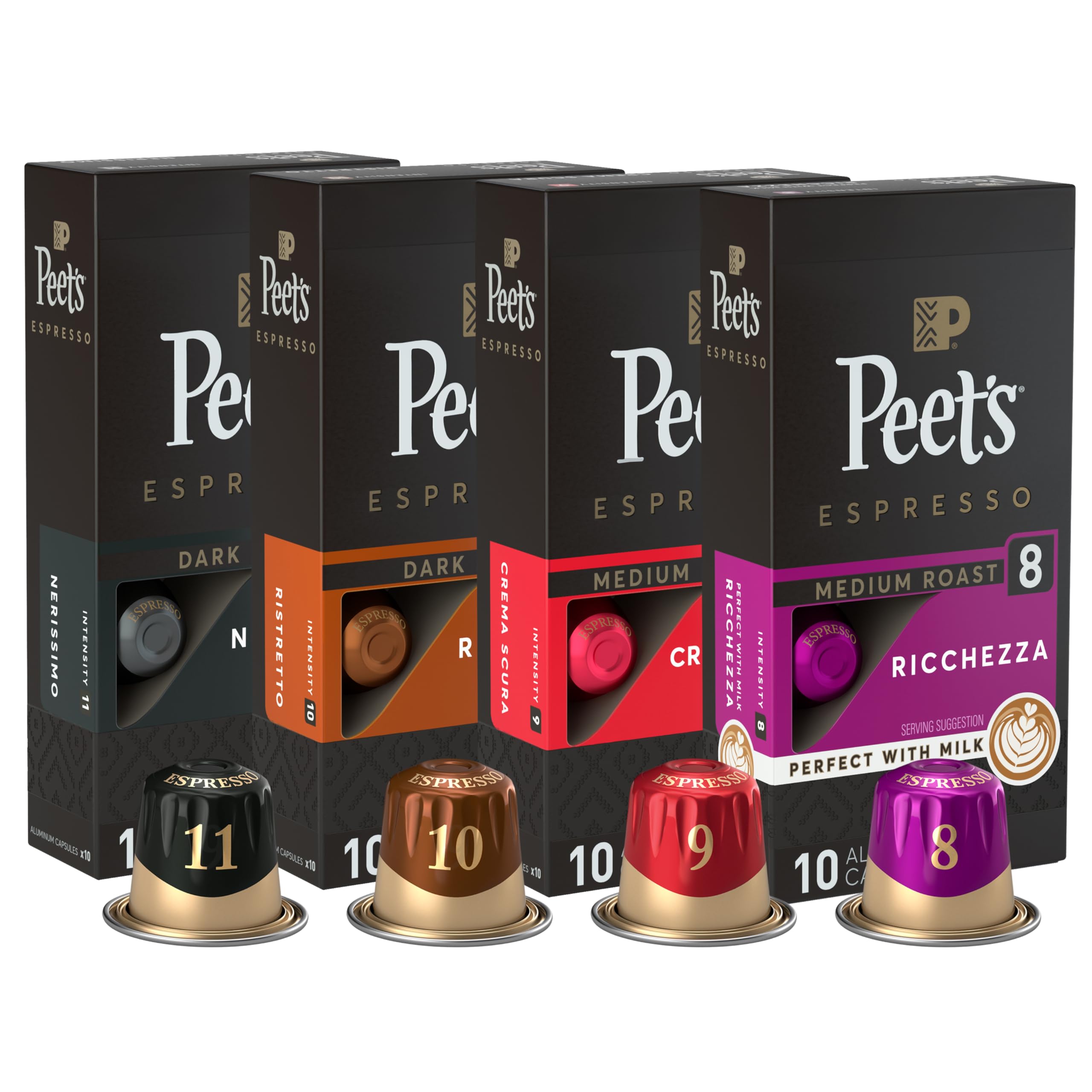 Peet's Coffee, Dark and Medium Roast Espresso Capsules Variety Pack, Compatible with Nespresso Original Machine - Intensity 8-11, 40 Count (4 Boxes of 10 Espresso Capsules)