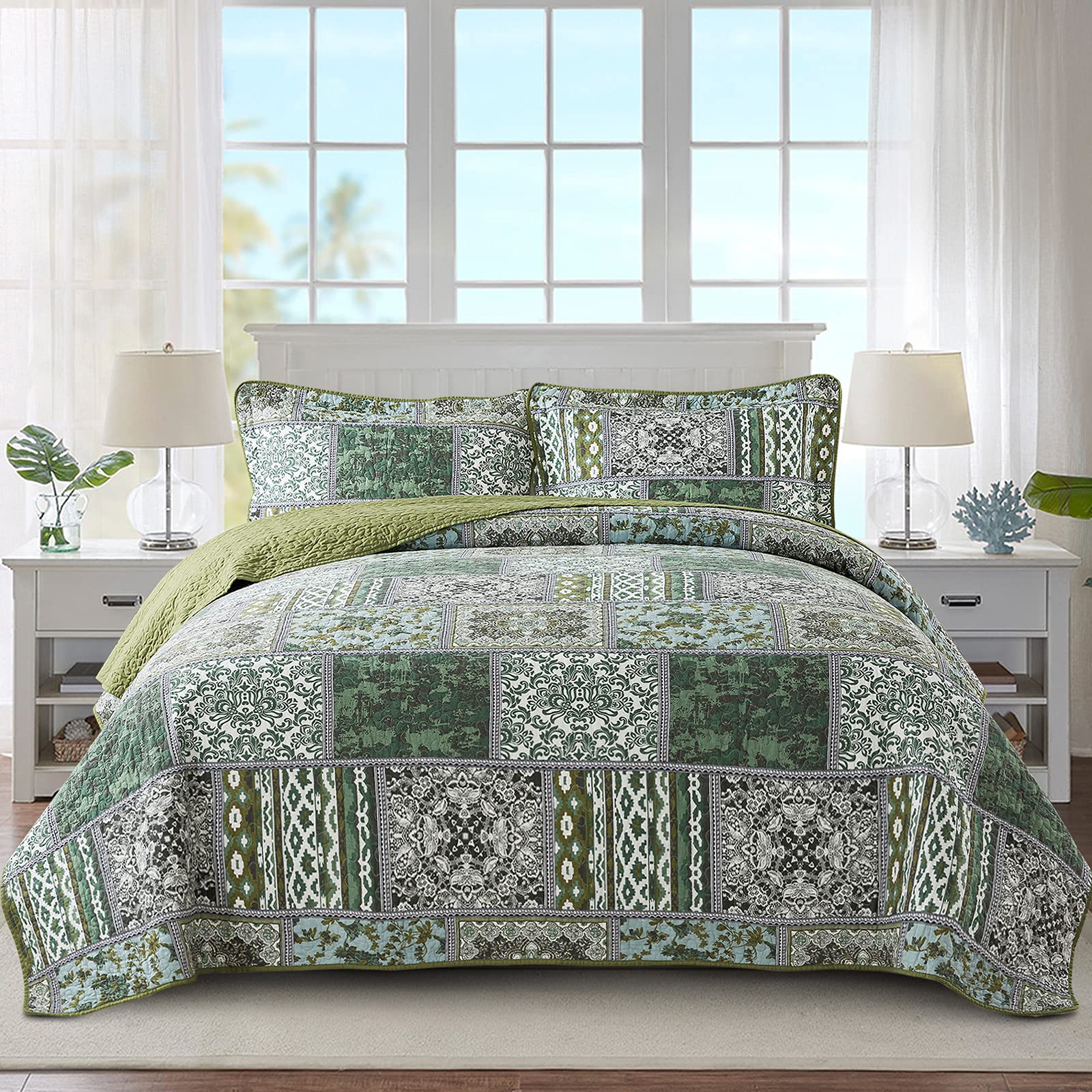 NEWLAKECotton Bedspread Quilt Sets-Reversible Patchwork Coverlet Set, Green Classic Bohemian Pattern,King Size