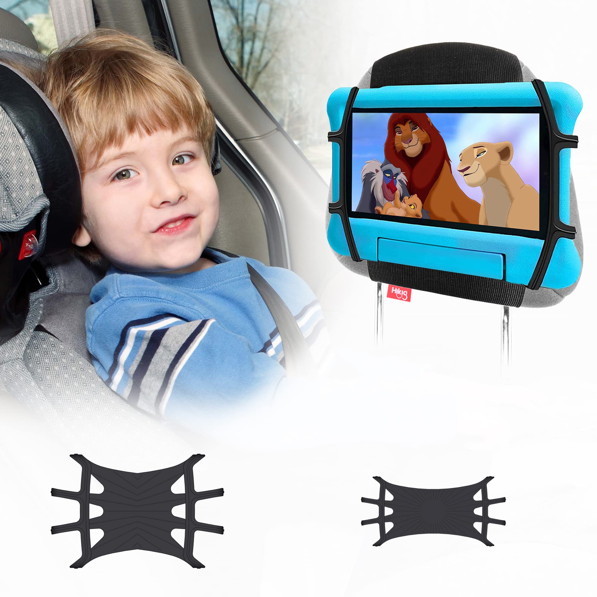 HikigCar Tablet Holder for Kids Travel Accessories,Tablet Holder for Car Back Seat,Headrest Tablet Mount for Kids, Anti-Slip Strap and Holding Net,Angle-Adjustable/Fits All 4.4-12.9 Inch Tablets