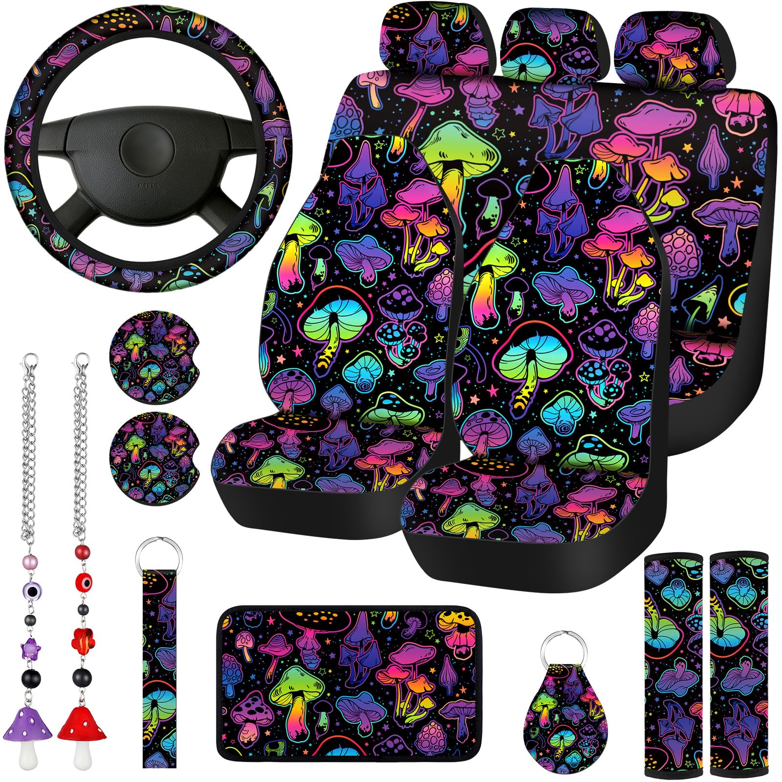 17 Pcs Mushroom Car Seat Covers Mushroom Car Accessories Full Set for Women Men Automotive Rear Front Seat Protector View Mirror Hanging Ornament Steering Wheel Belt Cover (Cool Mushroom)