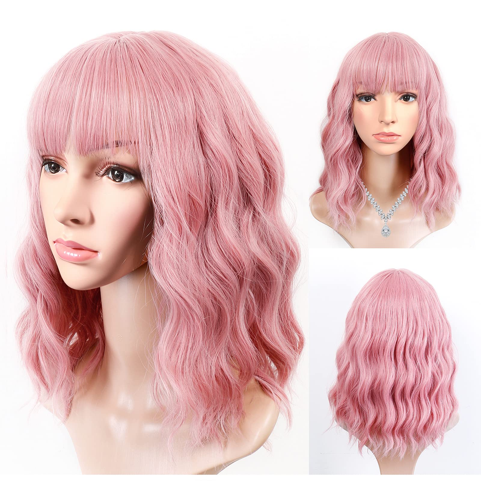 Anzid Pink Wig with Bangs, 14 Inch Pink Wigs for Women Synthetic Shoulder Length Bob Cosplay Colored Wig Pastel Curly Short Hair Pink Wigs for Human Glueless