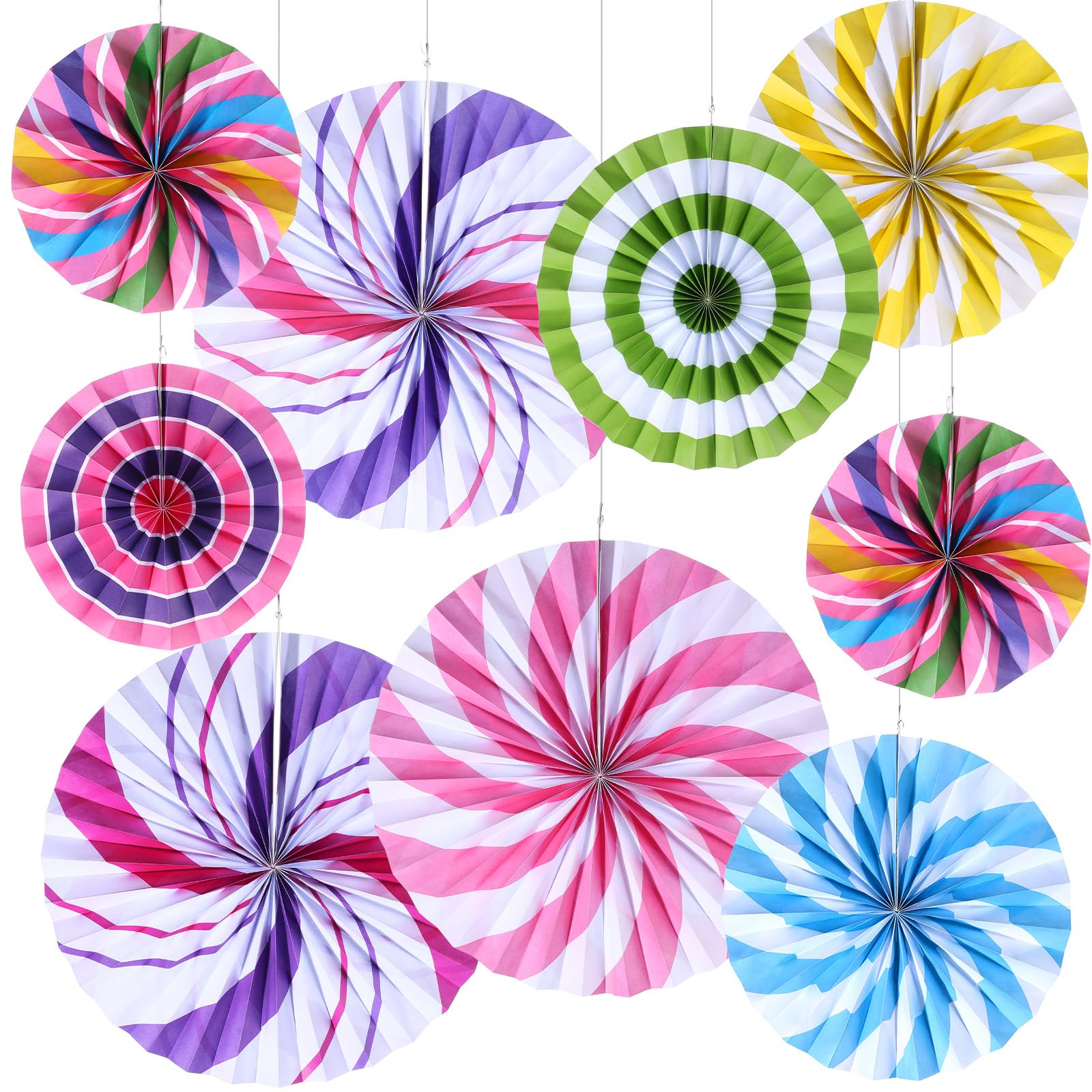 Outus 9 Pcs Candyland Hanging Paper Fans Decorations Candy Party Classroom Decorations Colorful Peppermint Candy Paper Fans Ceiling Wall Garland for Candyland Themed Birthday Halloween Party Supplies