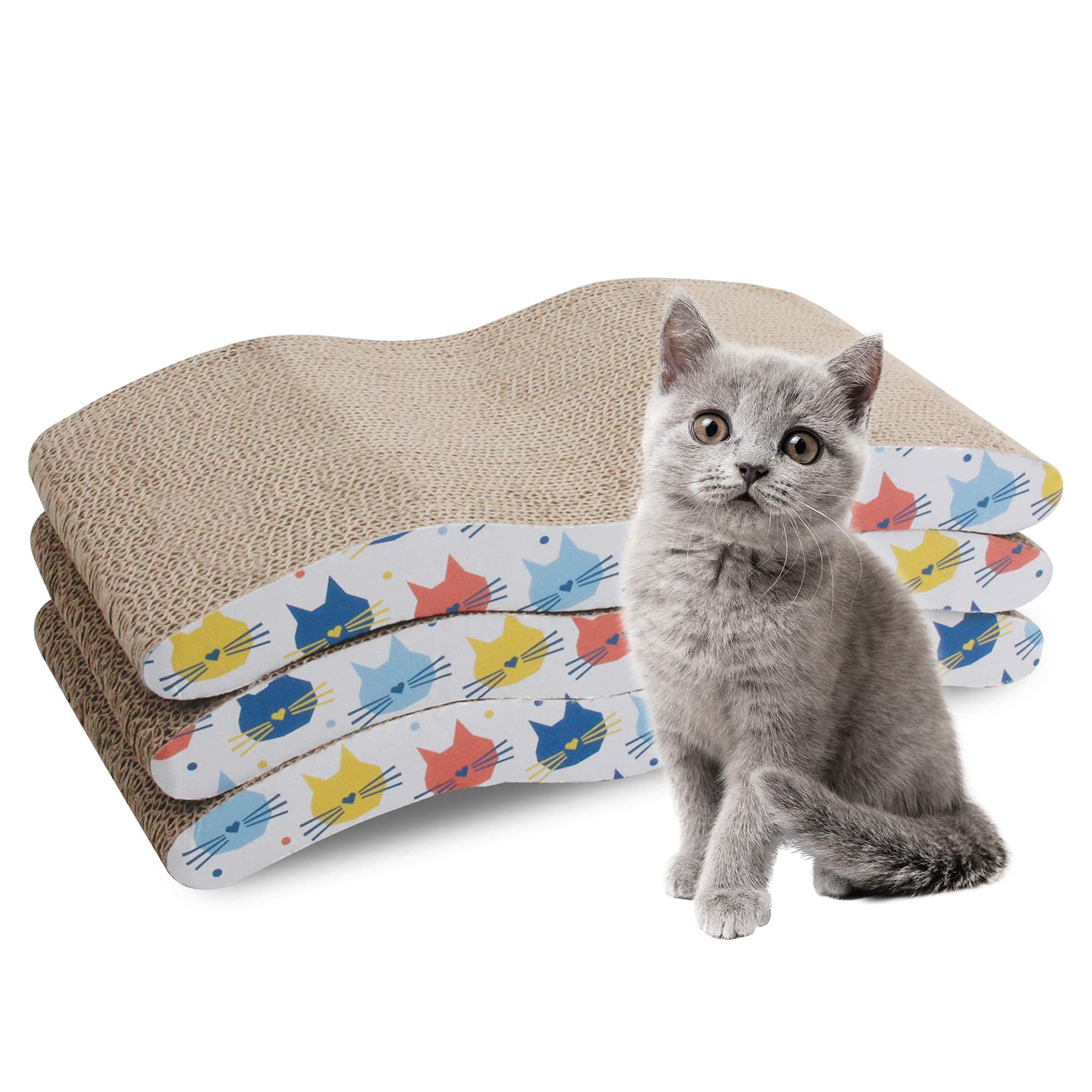 Pet Prime 3 Pcs Cat Scratcher Pad Cardboard Scrathcers with Catnip Recycle Corrugated Scratching Pad Reversible Replacement Scratcher Pad Cat Lounge Sofa Bed (Wave Shape Cat Scratch Pad)