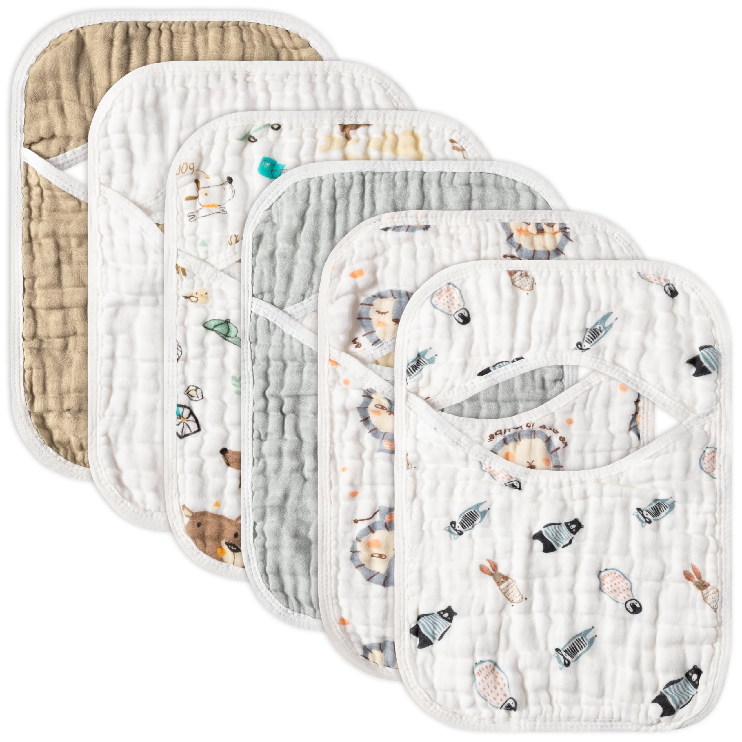 GROBRO7 6Pcs Muslin Baby Bibs Soft Cotton Lap-Shoulder Drool Cloths Machine Washable Feeding Bib