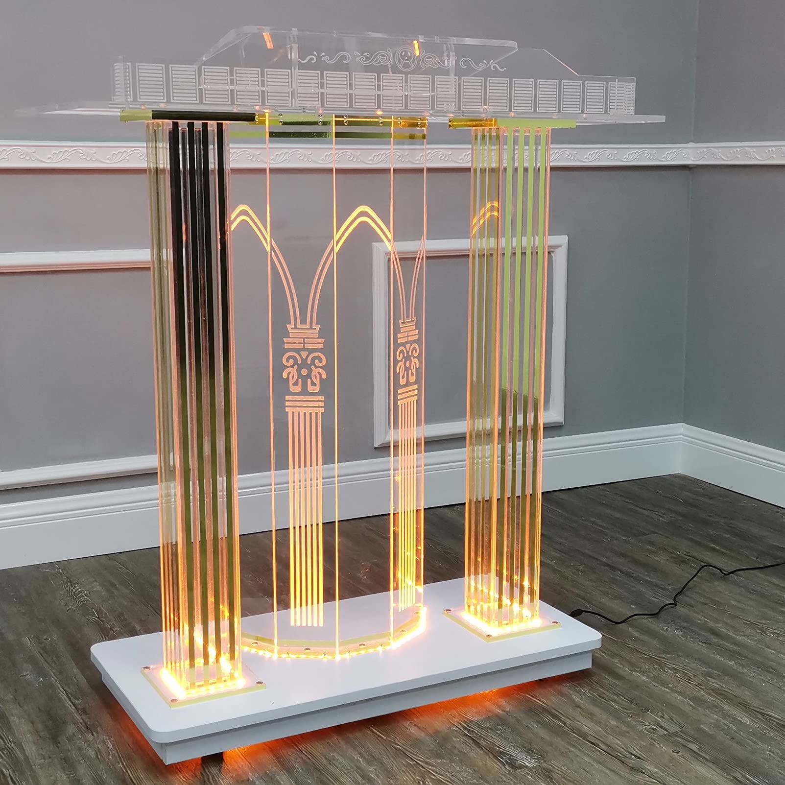 Yofsza Transparent Acrylic Podium, Pulpits for Churches with LED Light, Podium Stand Portable with Wheels, Rolling Table with Wide Reading Surface for Churches Conference Rooms Classrooms