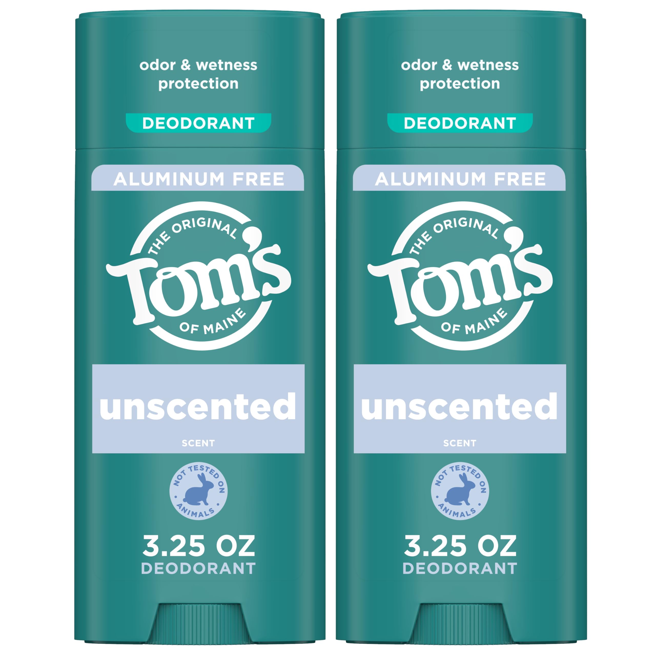 Tom’s of Maine Unscented Aluminum Free Natural Deodorant For Women & Men | Goes on Clear | Odor & Wetness Protection | Naturally Derived and Moisture-Locking Ingredients | 3.25 oz (2 Pack)