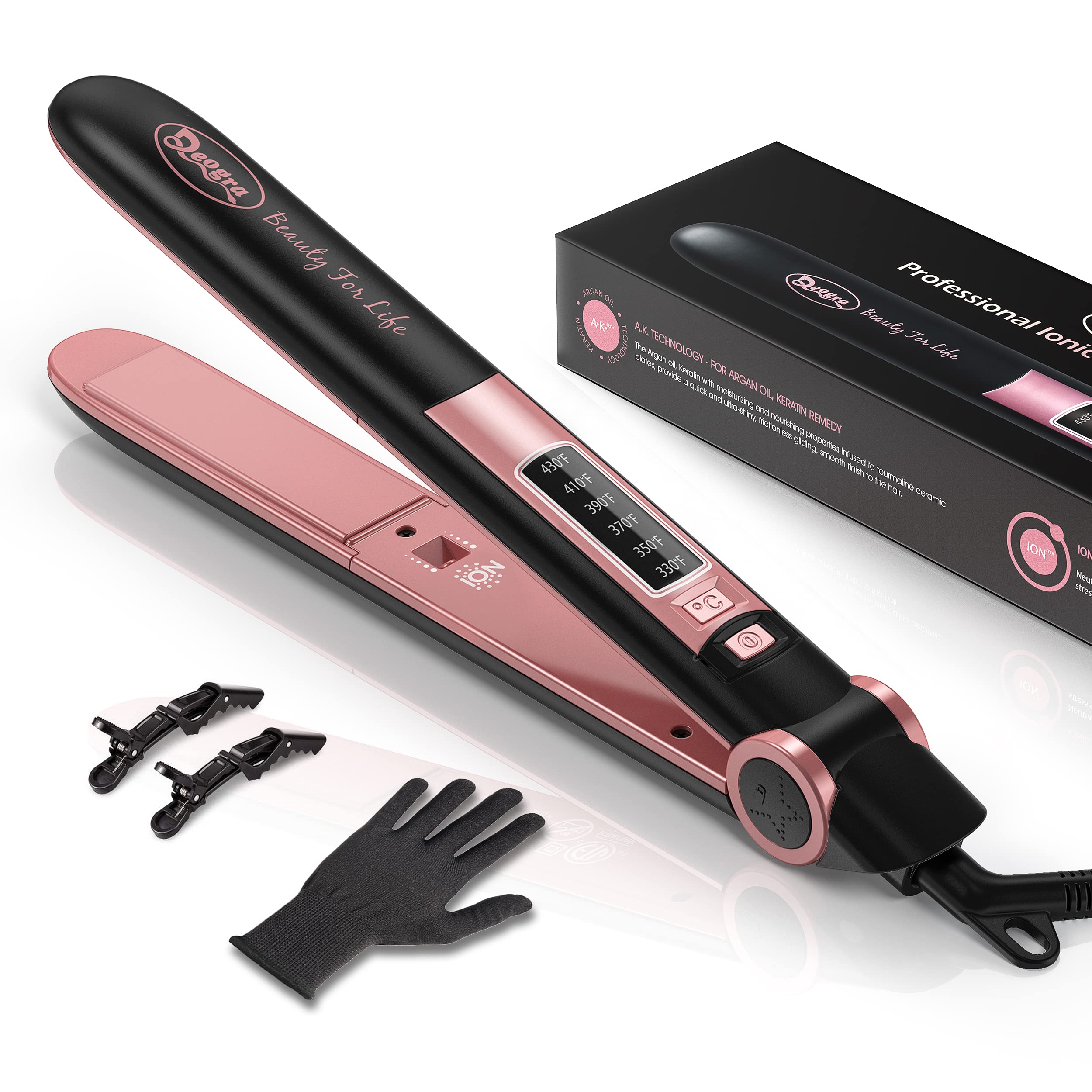 Flat Iron for African American Hair, Silk Press, Ceramic Tourmaline Ionic Straightener with Keratin & Argan Oil Infused Plates, 1 inch 430℉ Curling Flat Iron