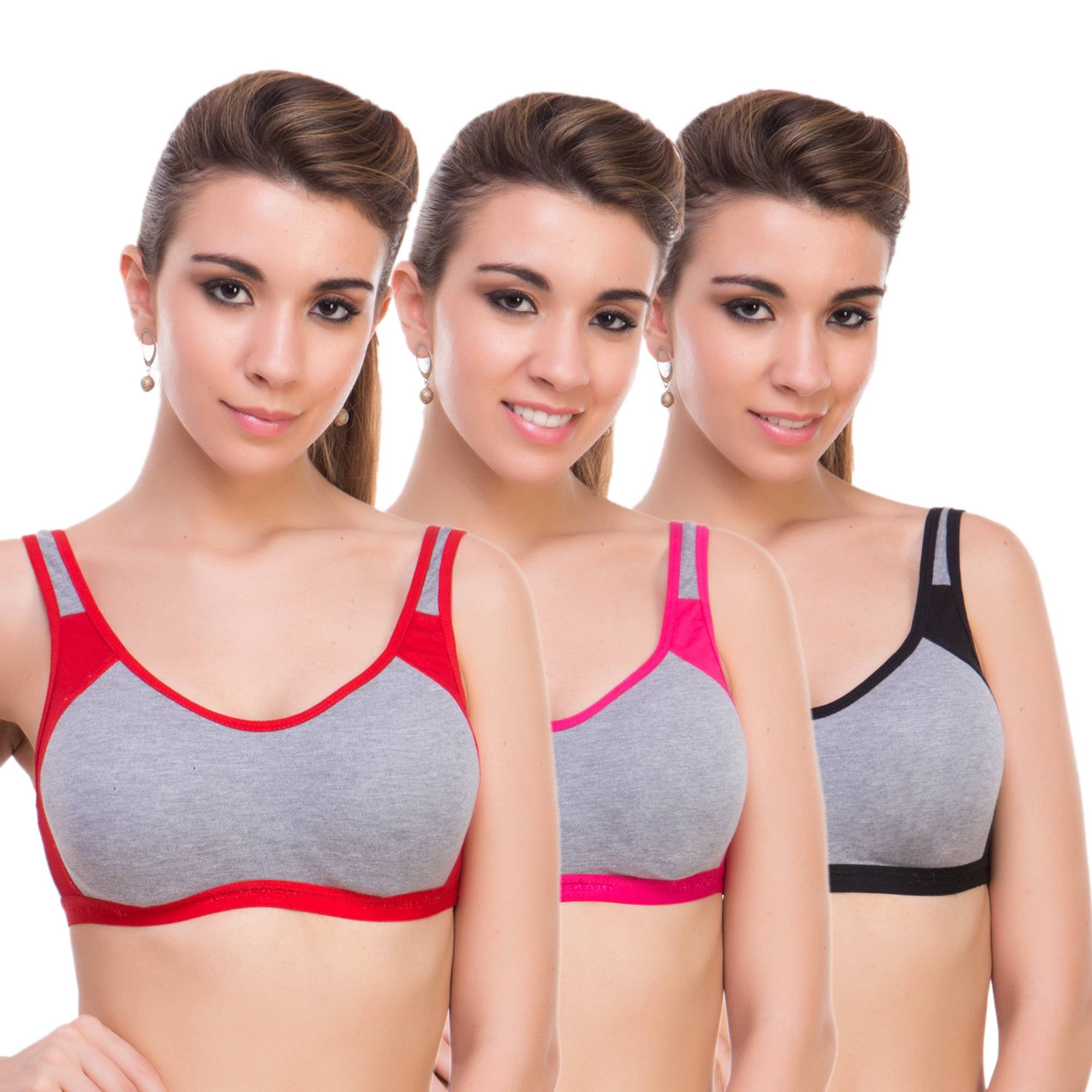 LOVE BEAUTY Women's Cotton Blend Non Padded Non-Wired Sports Bra (Pack of 3)