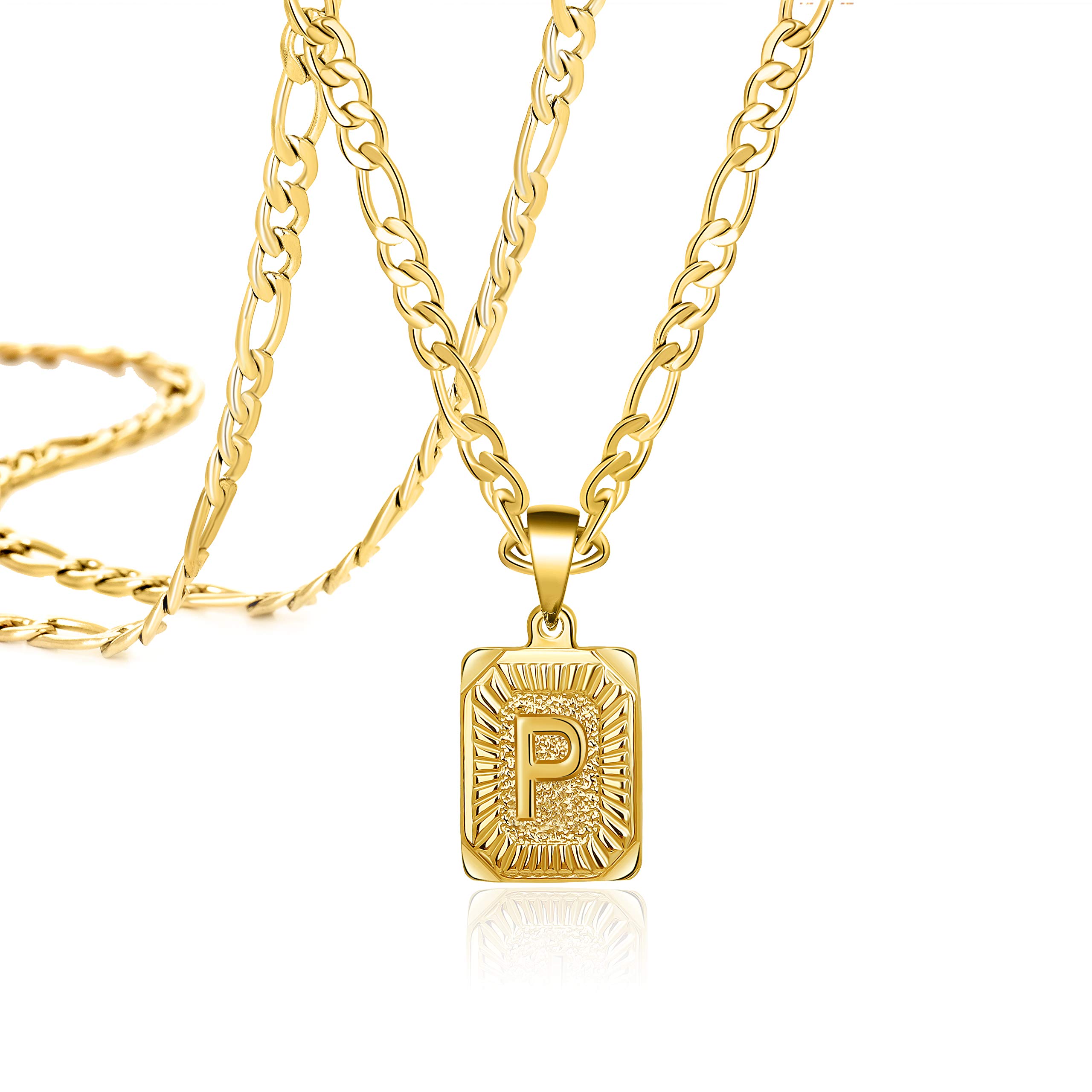 JoycuFF 18K Gold Initial Necklaces for Women Men Teen Girls Best Friend Fashion Trendy Figaro Chain Square Letters Stainless Steel Pendant Necklace Personalized 26 Alphabets Length 18 20 22 24 Inches