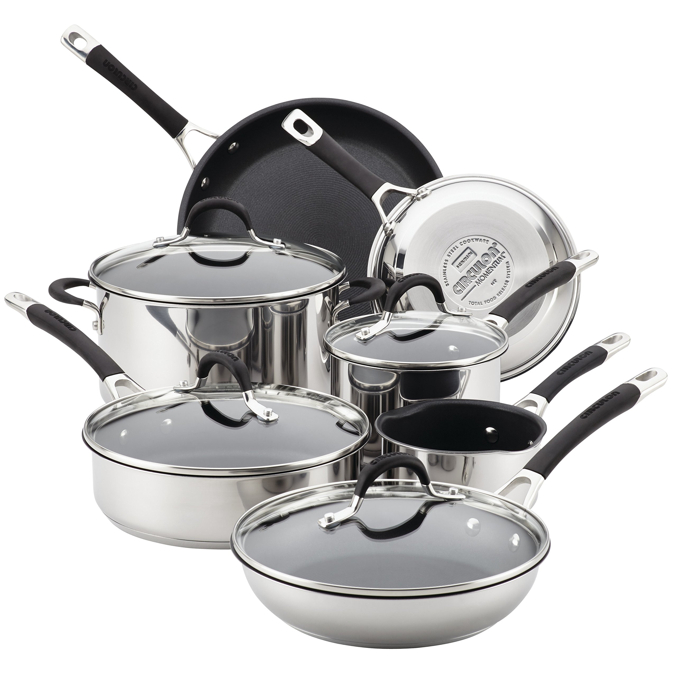 CirculonMomentum Stainless Steel Nonstick Cookware Set with Glass Lids, 11-Piece Pot and Pan Set, Stainless Steel