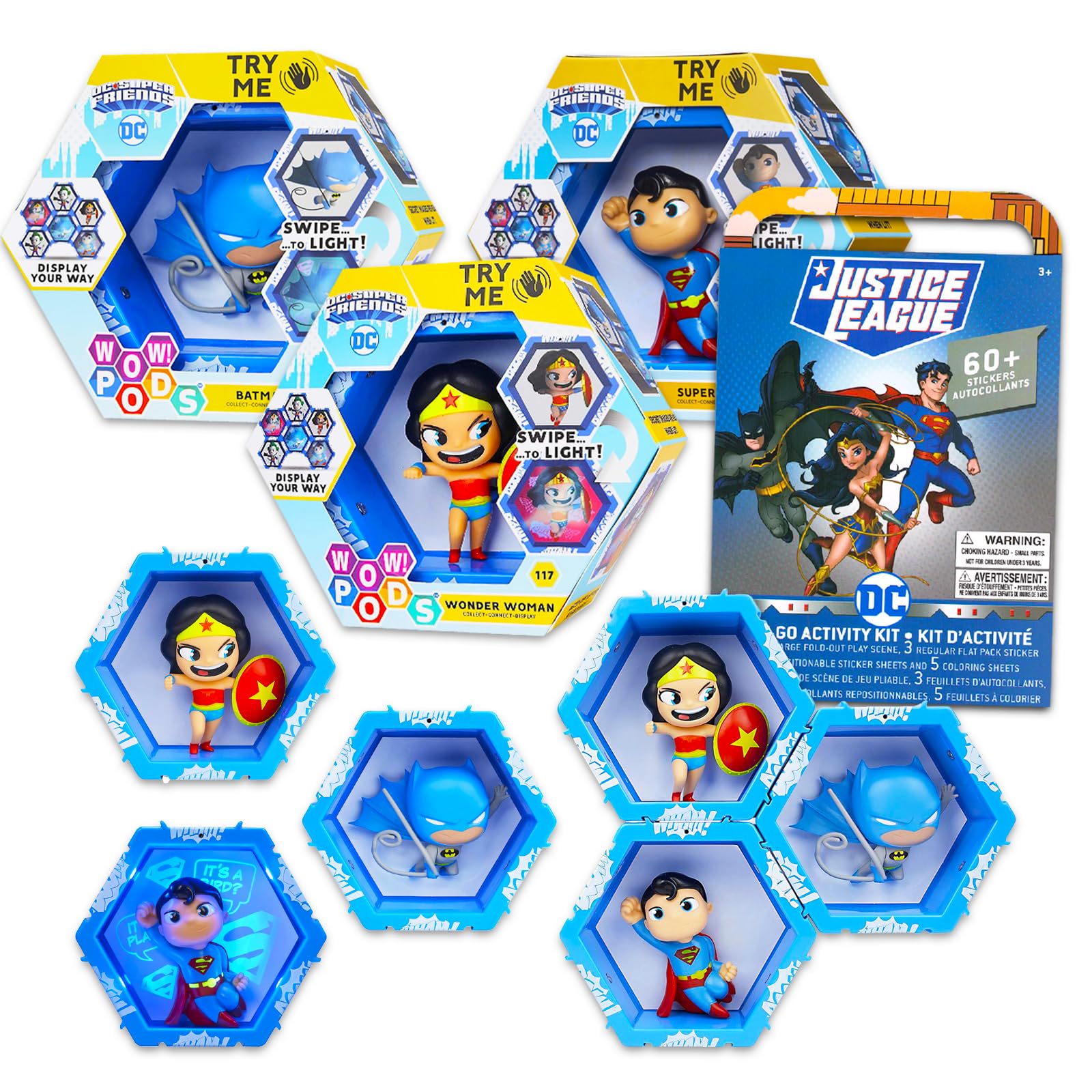 Batman, Superman, and Wonder Woman Wow Pods Figurine Set - Bundle with Wow Pods DC Super Friends Batman, Superman, Wonder Woman, Stickers, and More | DC Justice League Mini Figures