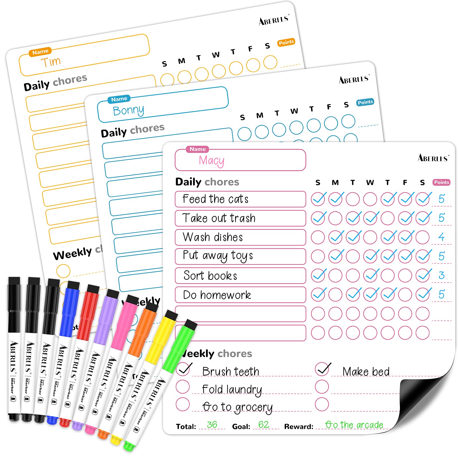 Magnetic Chore Chart, 3 Pcs Dry Erase Behavior Charts & 10 Markers, Reward Chart for Multiple Kids Teens Adults Family, Daily Responsibility Rewards Whiteboard for Fridge Home Supplies