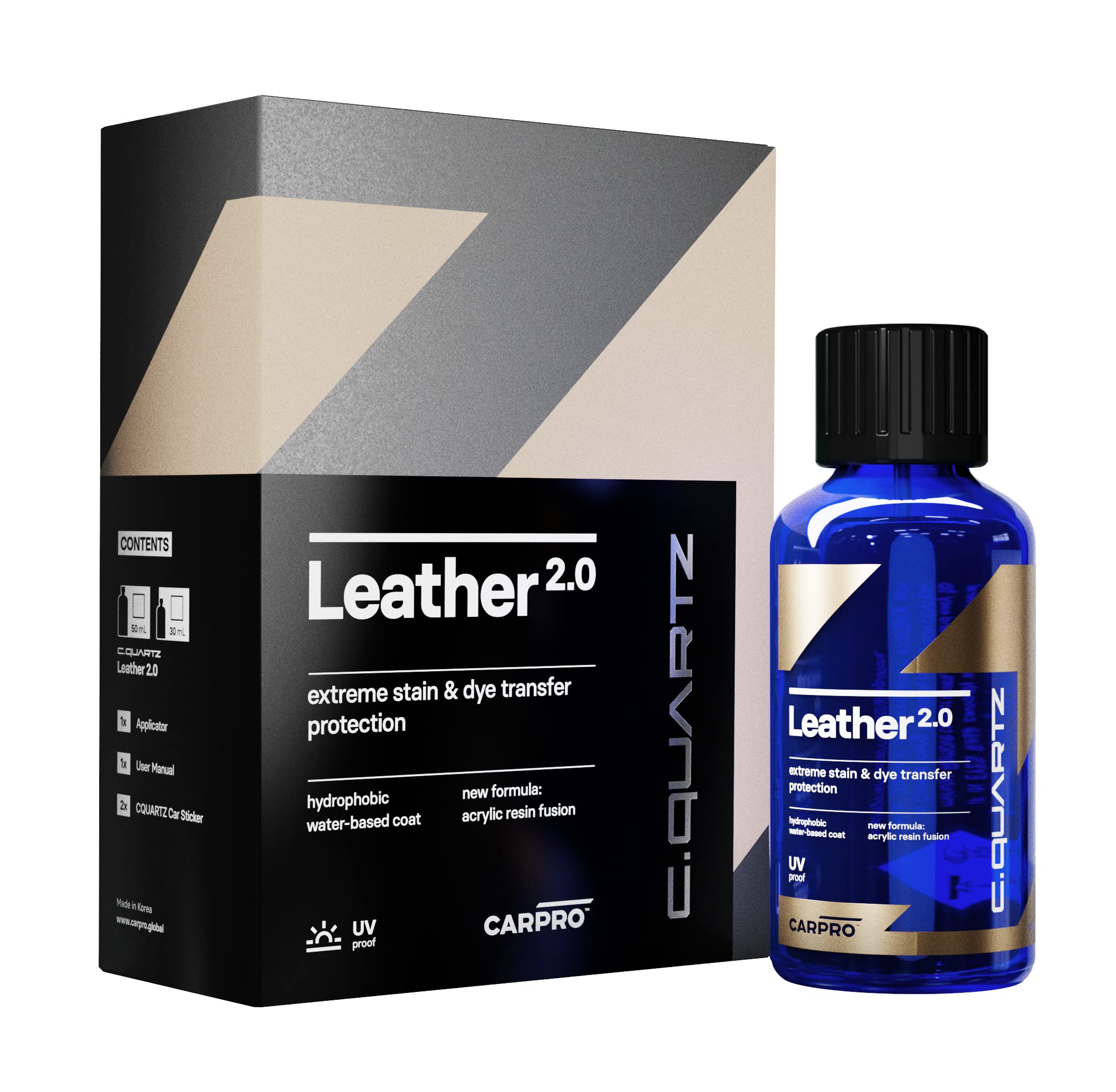 CARPRO CQUARTZ Leather 2.0 - Kit - Hydrophobic & Oil Phobic, Safe on All Car Leather, Resistance to UV, Denim Dye Coloring, Abrasion and Stains (30ml Kit)