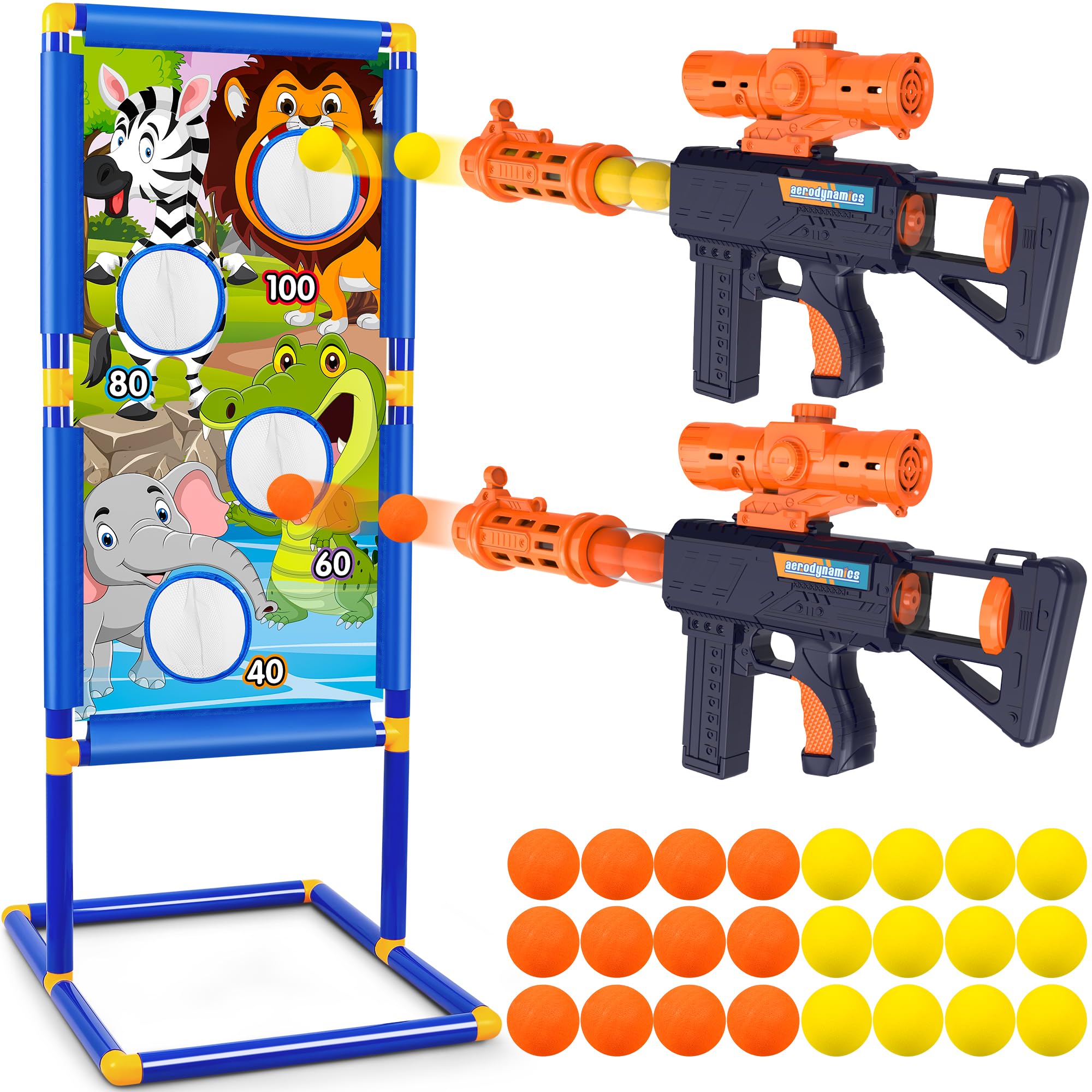 Shooting Game Toy for 5 6 7 8 9 10+ Years Old Boys Girls, 2pk Foam Popper Air Guns with Animal Shooting Target and 24 Foam Balls Bullet,Indoor Outdoor Activity Games, Birthday Easter Gifts for Kids