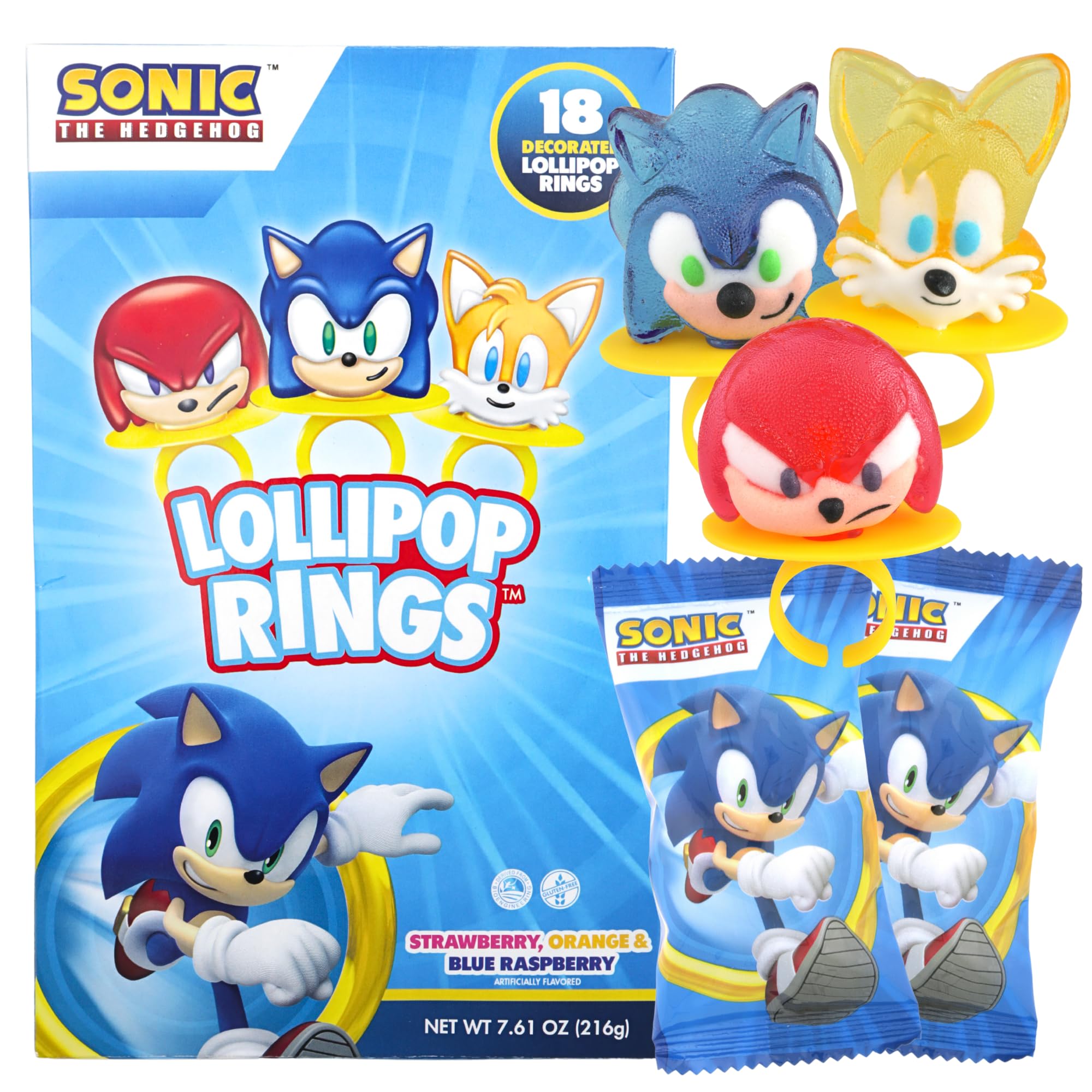 Sonic the Hedgehog Individually Wrapped Lollipop Rings, Knuckles and Tails Decorated Candy, Birthday Party Favors, 18 Count