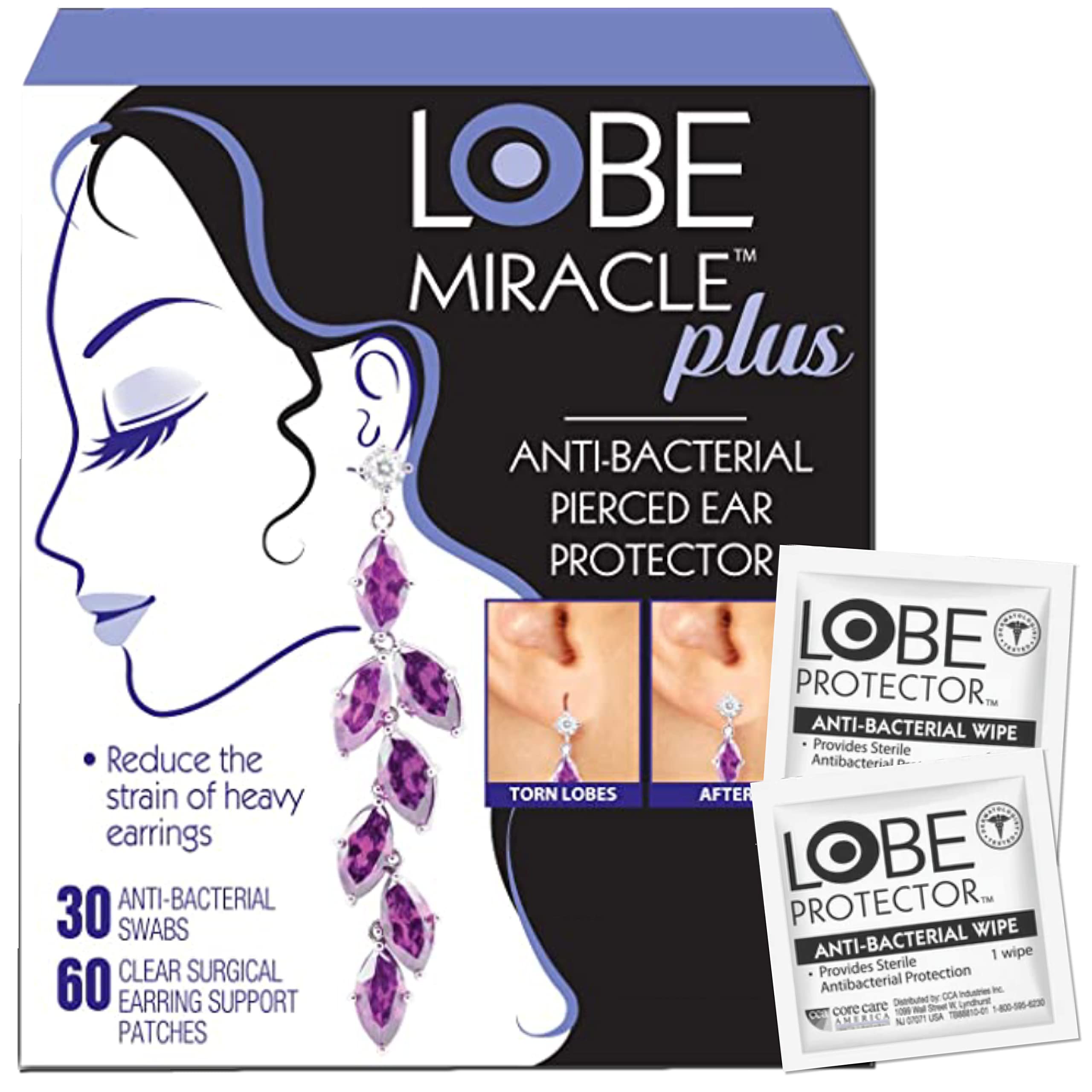 LOBE MIRACLEPlus Kit - Clear Earring Support Patches & Included Antiseptic Wipes - Earring Backs for Droopy Ears - Ear Care Products for Heavy Earring Support (60 Patches & 30 Swabs)