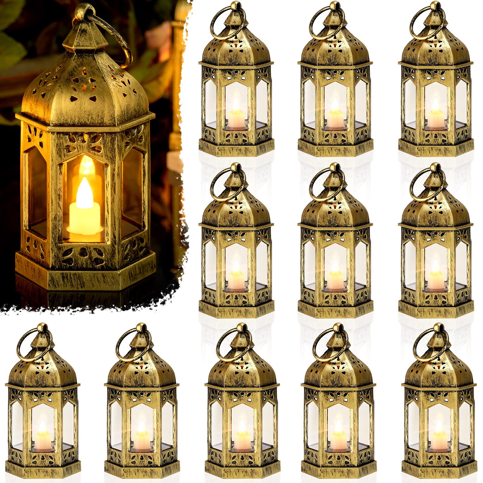 Cunhill 12 Pieces Mini Lanterns with Flickering LED Candle, Batteries Included, Decorative Hanging Candle Lantern for Indoor Use, Wedding, Party, Table Centerpiece (Gold)