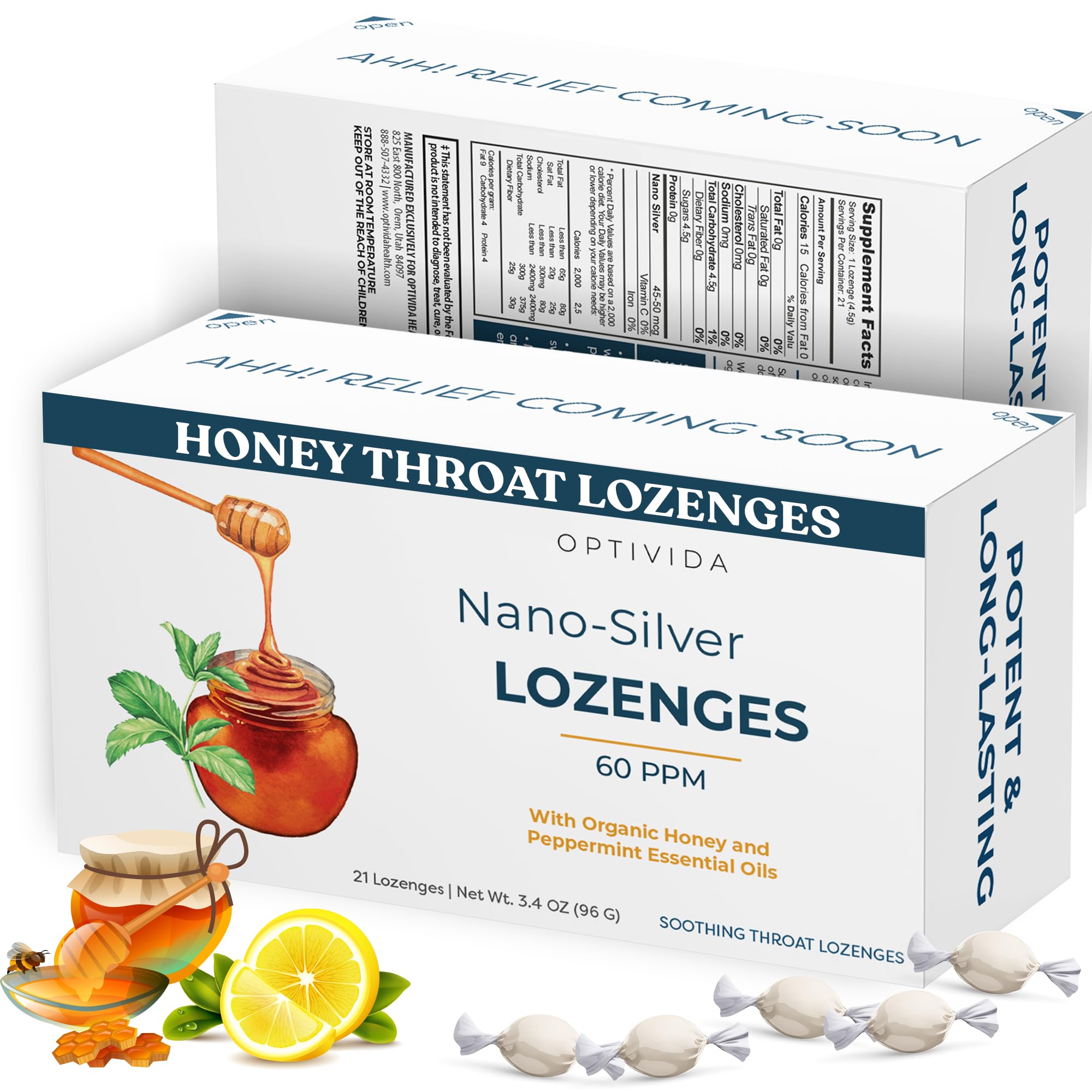 OPTIVIDAHealth Premium Nano Silver Lozenges (1 Pack) - Fast-Acting Honey Cough Drops for Adults with Lemon Oil, Cough Relief Honey Lozenges for Immune System Support, Honey Throat Lozenges (60 PPM)