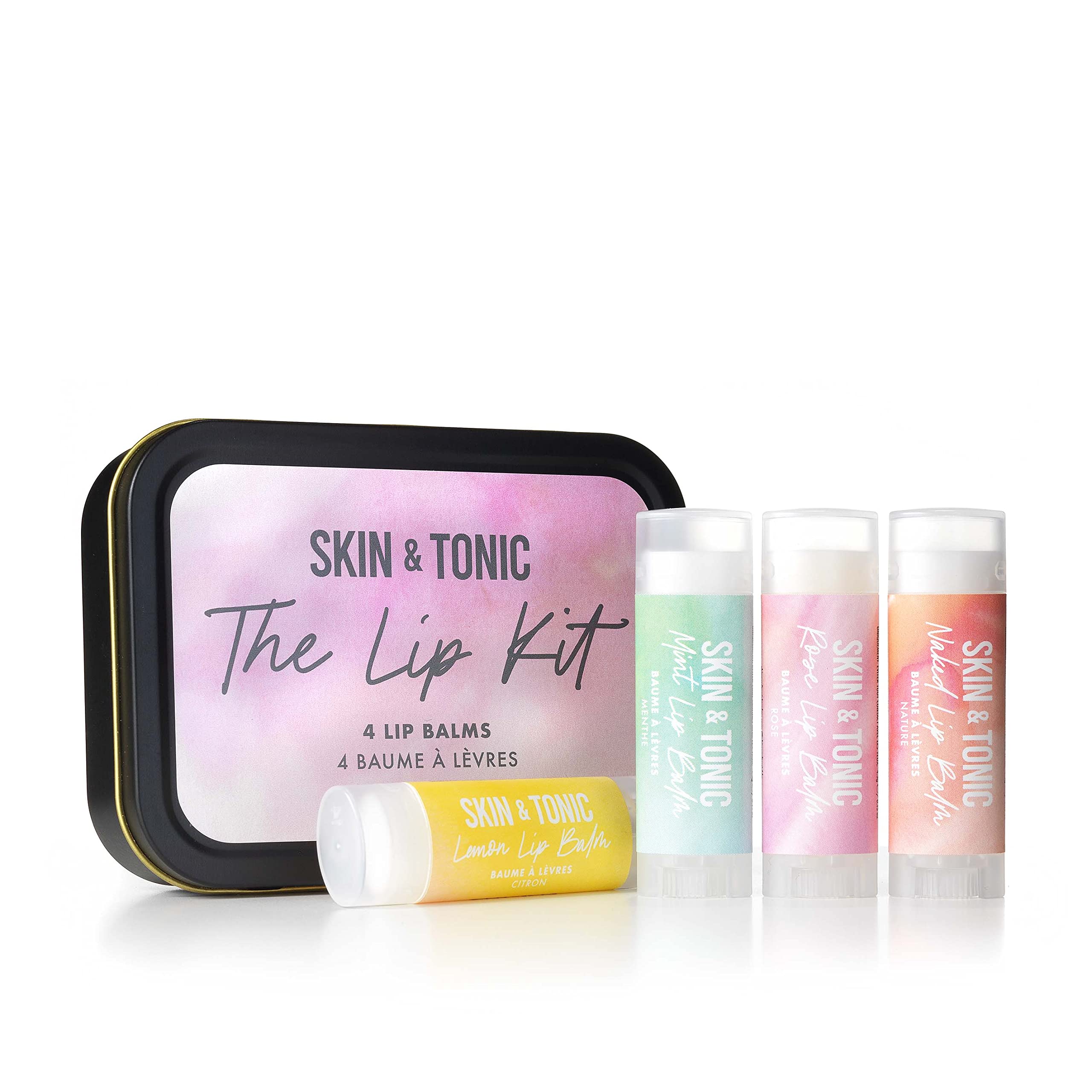 SKIN & TONIC Lip Kit – 4 Piece All-Natural Lip Balms with Coconut Oil, Shea Butter, Beeswax – Mint, Lemon, Rose and Naked