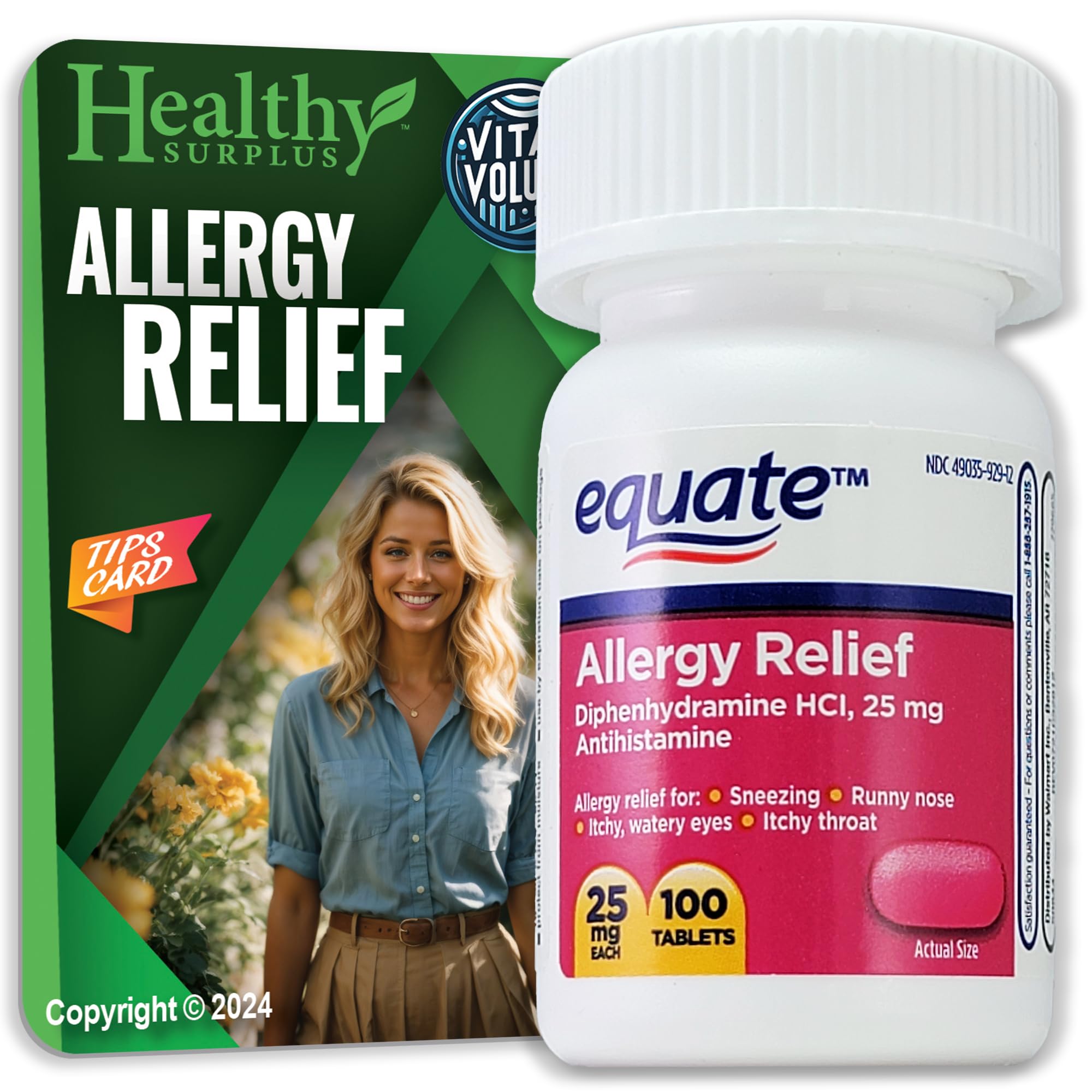 Equate Allergy Relief Diphenhydramine HCL, 25 mg 100 Tablets and Vital Volumes Allergy Tips Card | Bundle