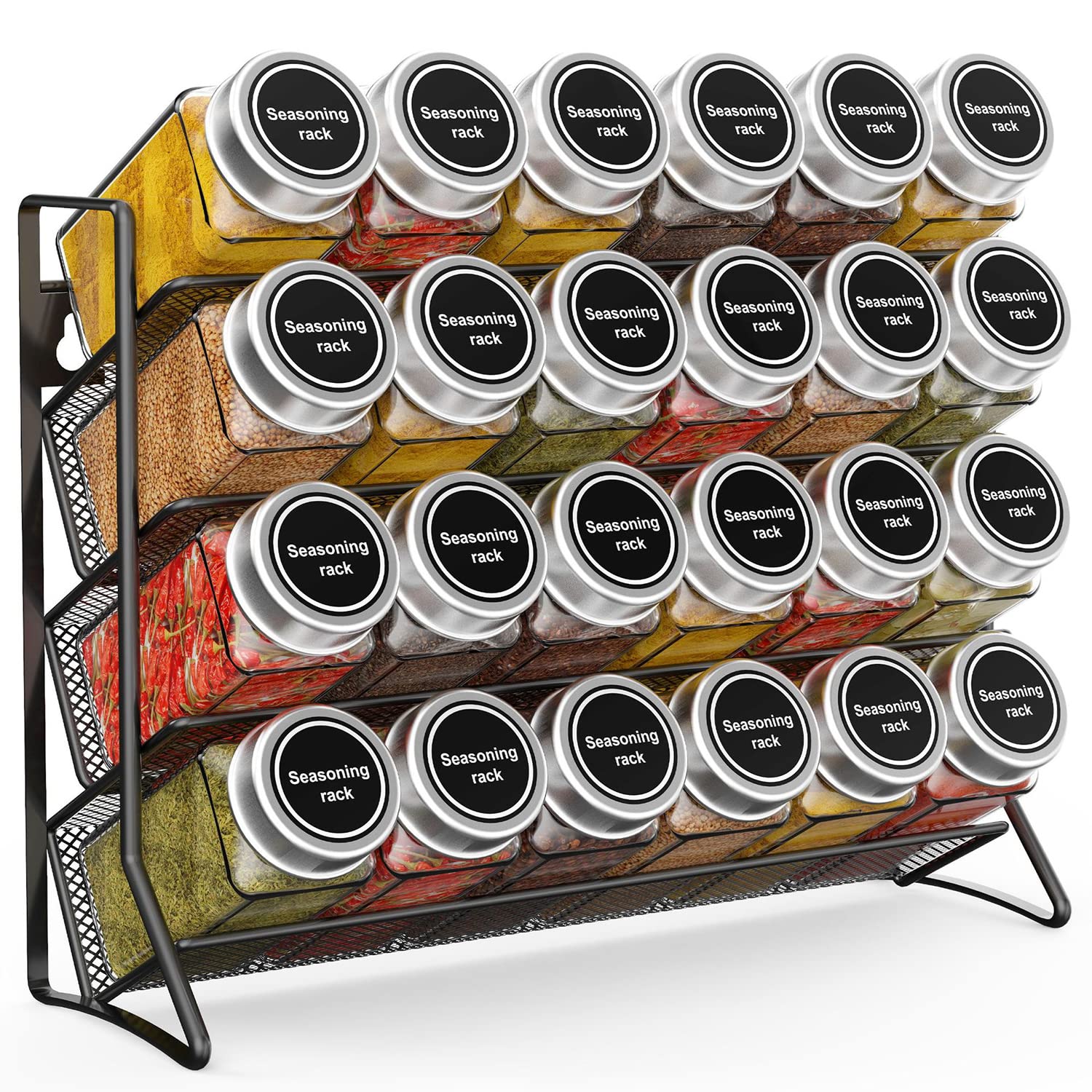 Angju Spice Rack with 24 Spice Jars, 4 Tier Spice Rack Organizer for Cabinet Spice Rack Organizer for 120ml Spice Jar, Spice Rack Wall Mount Black Hanging Spice Rack Spice Storage