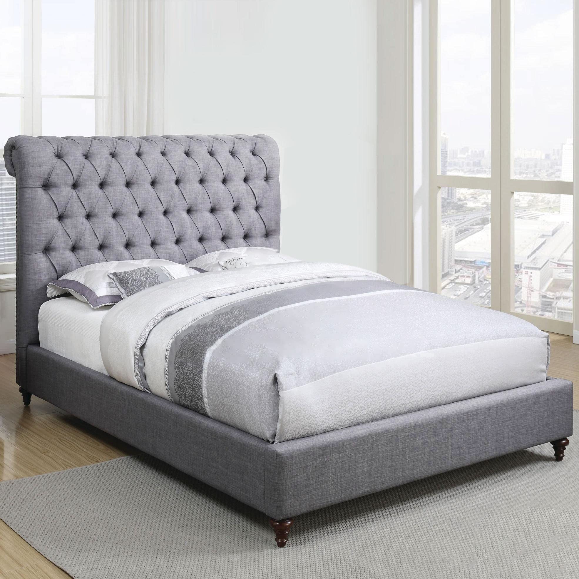 Karnak Acent Rolled Top Button Tufted Upholstered Velvet Platform Bed Modern Design Free Installation (Queen: 160 x 200cm, Grey)