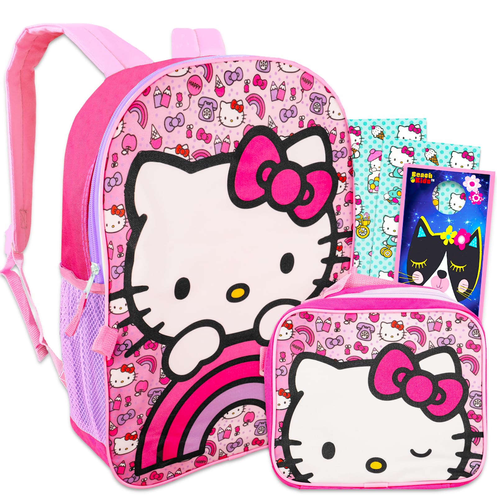 SanrioHello Kitty Backpack With Lunch Bag For Girls, Kids ~ 5 Pc Bundle With 16 inches School Bag, 2000+ Stickers, Page Clips, And More (Hello Kitty School Supplies Stuff), Ackpack Plush Lunch Bag,