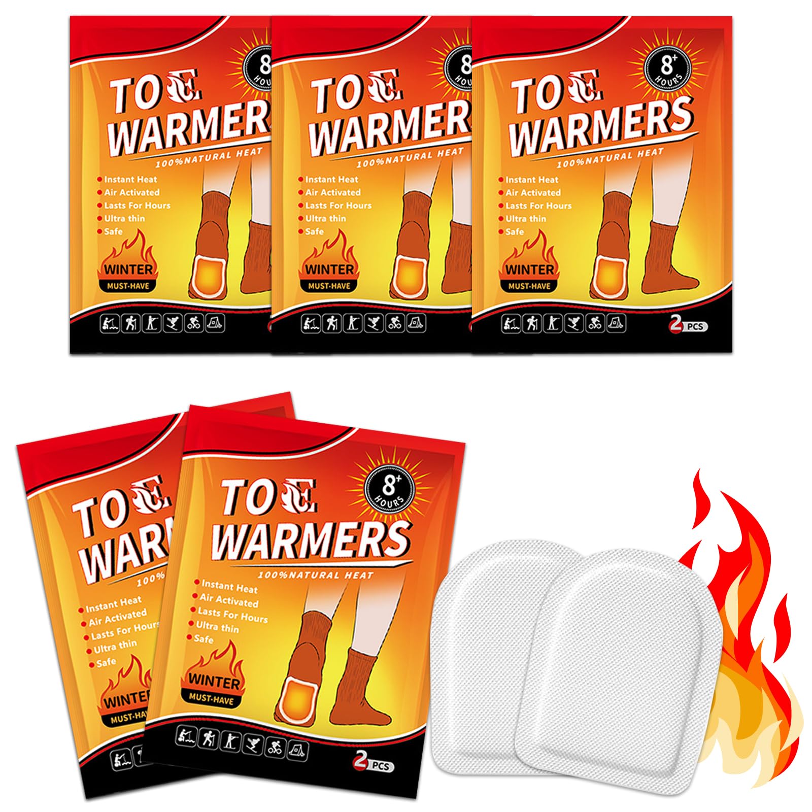 Foot Toe Warmers, Up to 8 Hours of Heat Long Lasting, Hot Insole Feet Warmer, Instant Toe Warmers Disposable Adhesive Air Activated Warmers for Winter Outdoor Activities, 5 Pairs