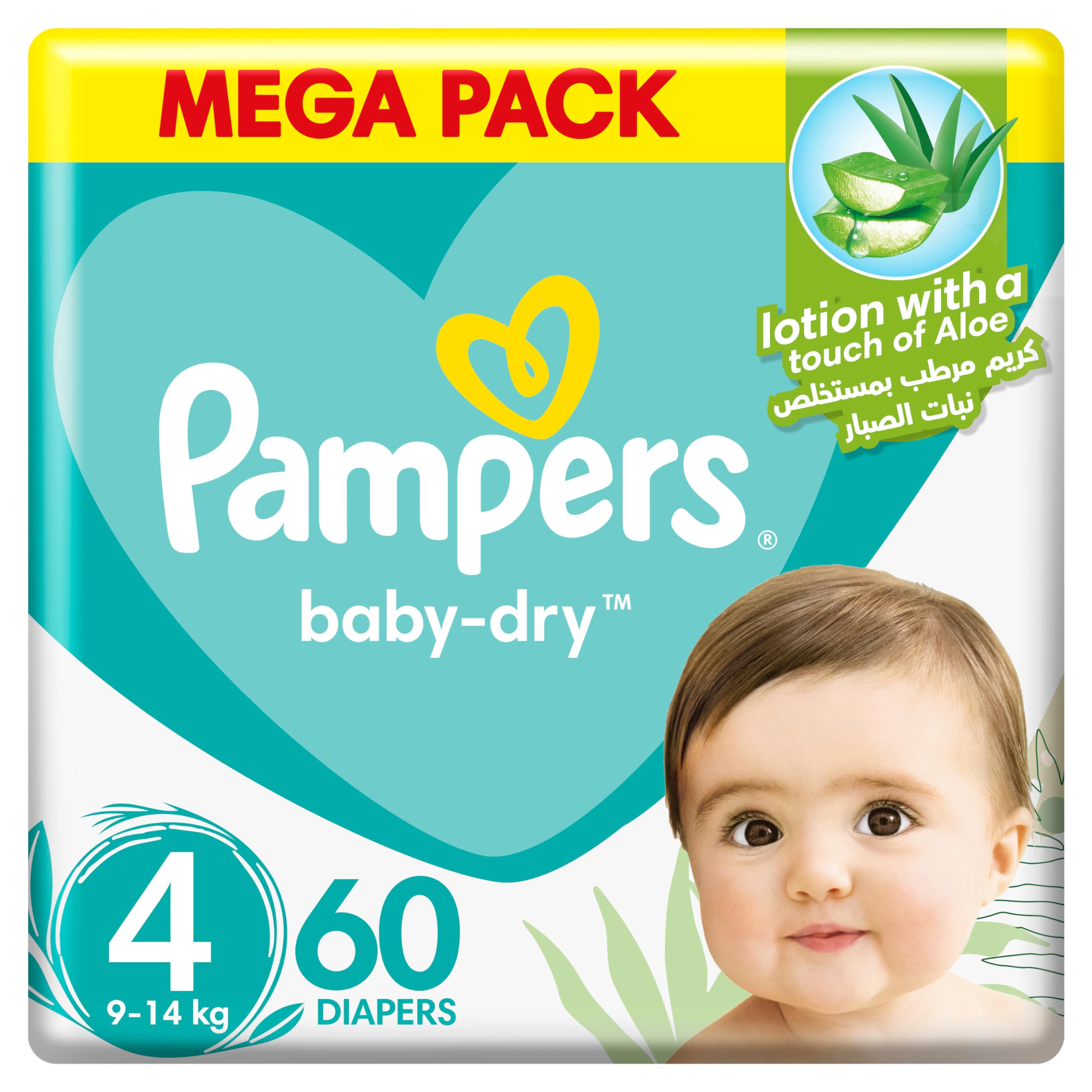 PampersBaby-Dry Taped Diapers with Aloe Vera Lotion, up to 100% Leakage Protection, Size 4, 9-14kg, 60 Count