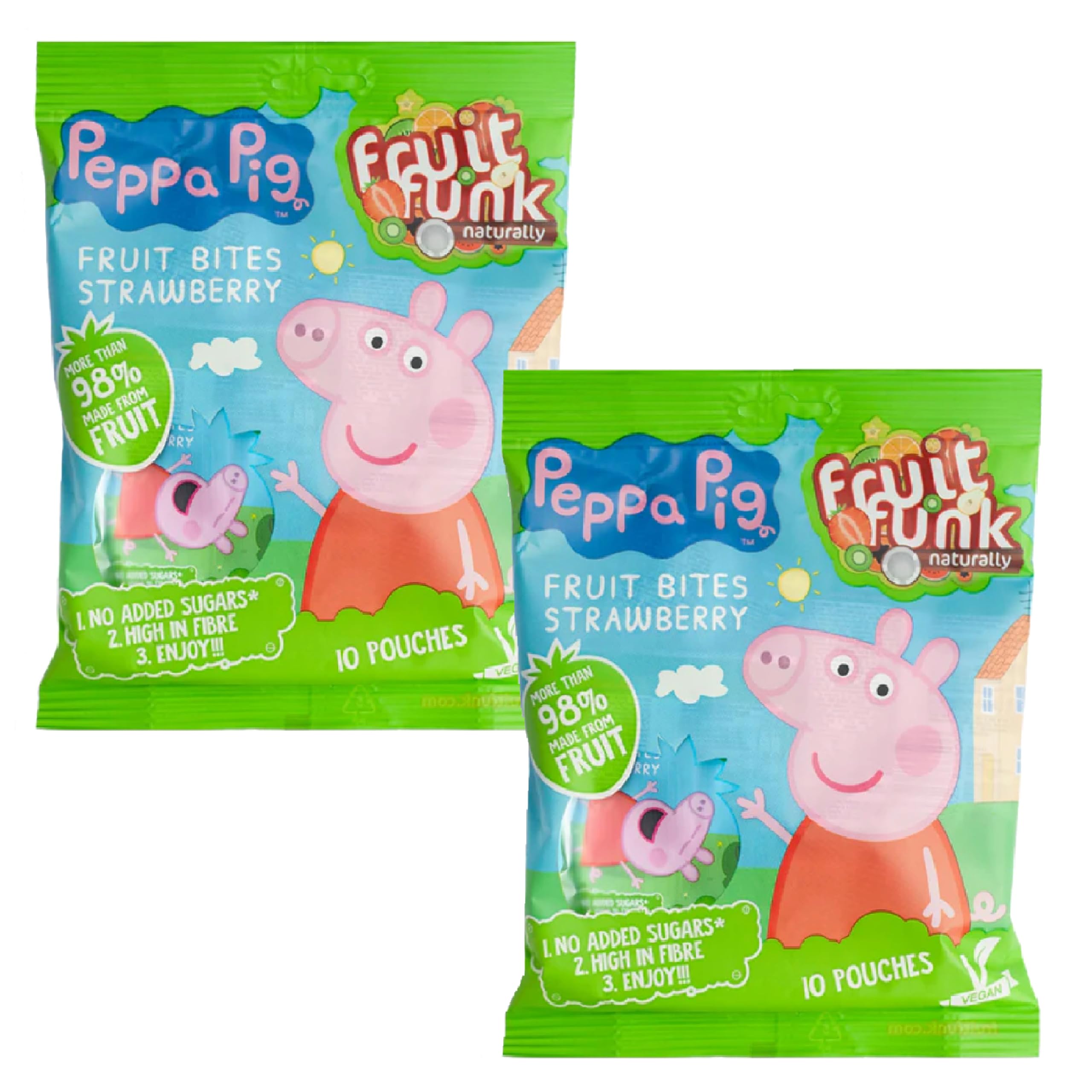 Topline Fruit Funk Peppa Pig Snacks - Pack 2 x 10 Multibags 10gr Strawberry Fruit Bites, Healthy Snacks is Alternative to Fruit Roll Ups. Great for Lunchbox Snacks, Party Bag Fillers for Kids