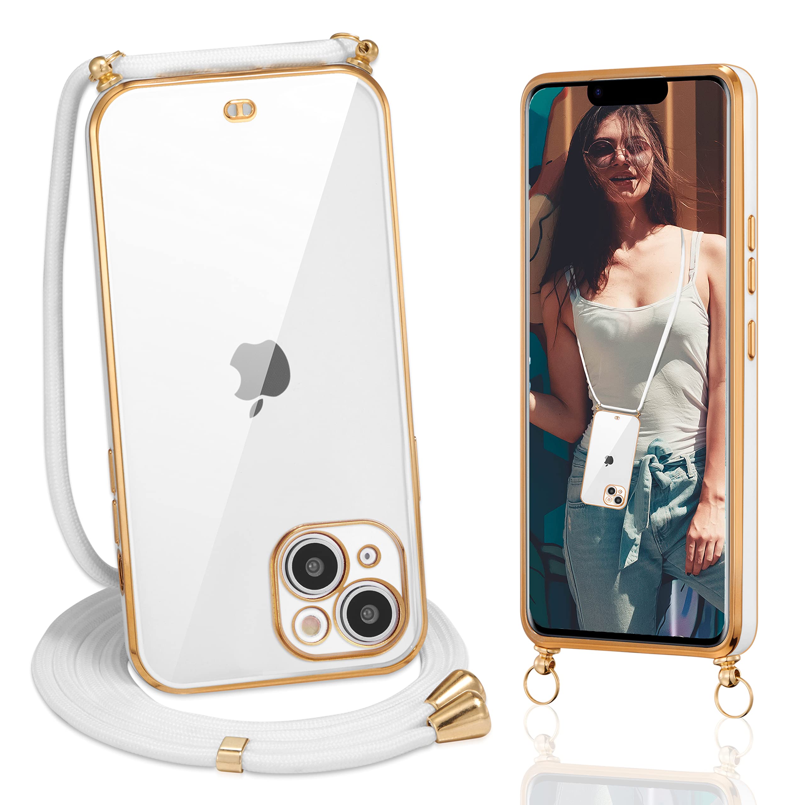 ZTOFERACrossbody Phone Case for iPhone 14 Plus, Clear Protective Case for Girls Adjustable Detachable Lanyard Gold Edge Silicone Bumper Back Case for iPhone 14 Plus - White