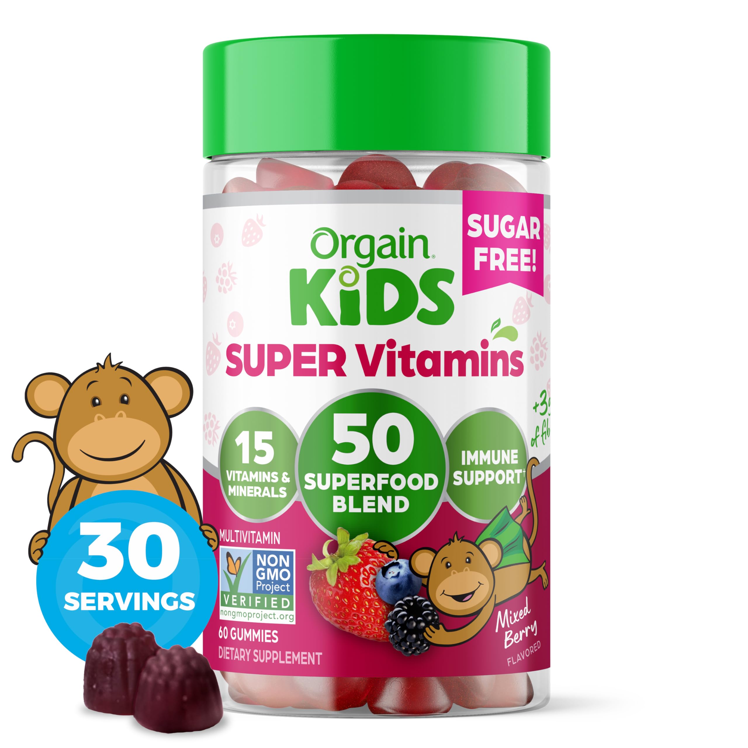 OrgainKids Sugar Free Multivitamin Gummies, Vegan & Plant Based, 50 Superfoods, 15 Vitamins and Minerals, Immune Support and 3g of Fiber, Mixed Berry, Ages 4+, 1 Month Supply (60 Gummies)