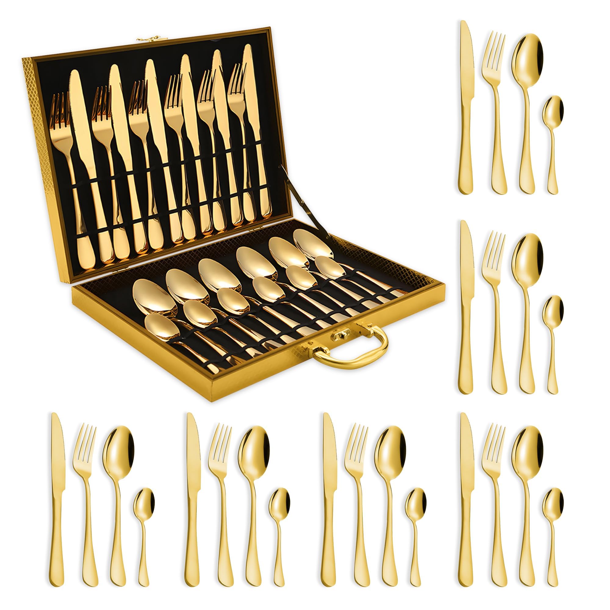 24-Piece Gold Silverware Set， Service for 6, Stainless Steel Flatware Tableware with Gold Wooden Carrying Case，Housewarming Gift，Kitchen Utensils Sets with Knives, Forks, Spoons-Dishwasher safe