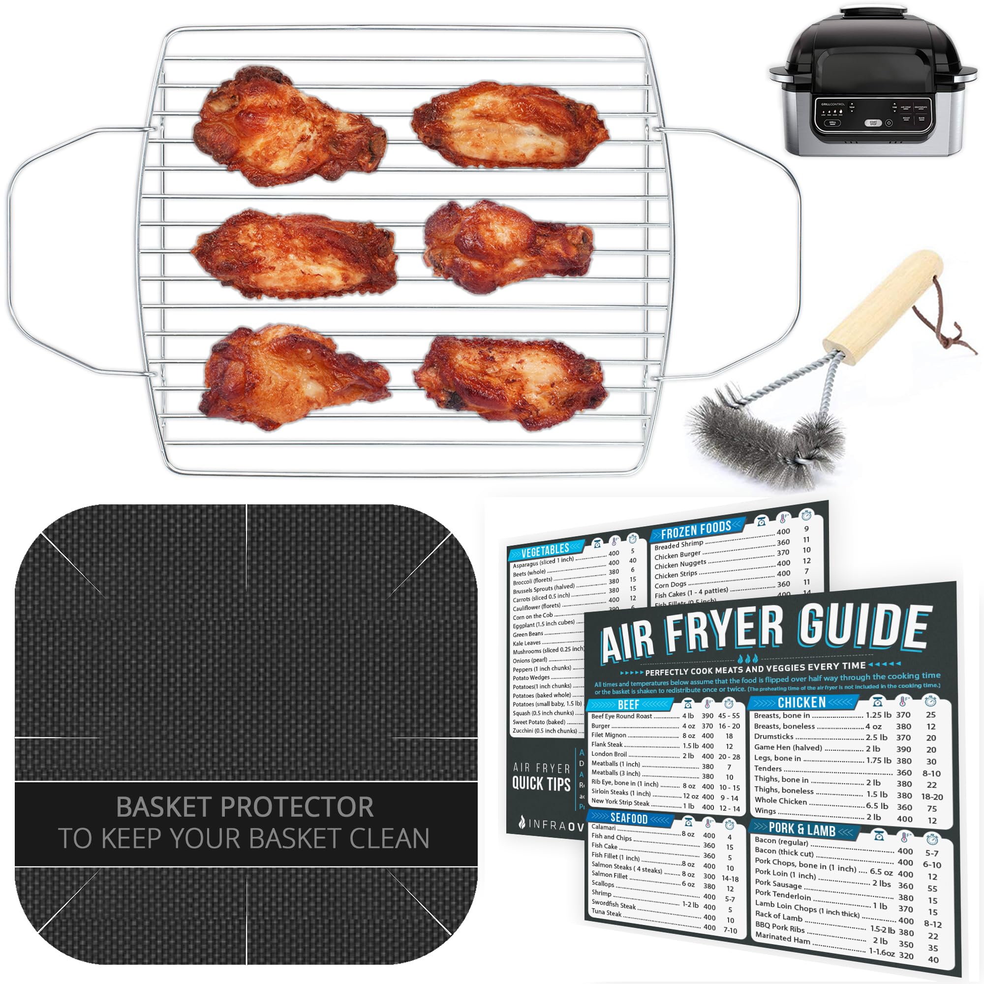 INFRAOVENSAir Fryer Rack Accessories for Ninja Foodi Grill AG301 5-in-1 4 qt, Basket Cover Liner, Cooking Guides Cheat Sheets, Airfryer Accessory Set, Heat Resistant Mat and Stainless Steel Rack