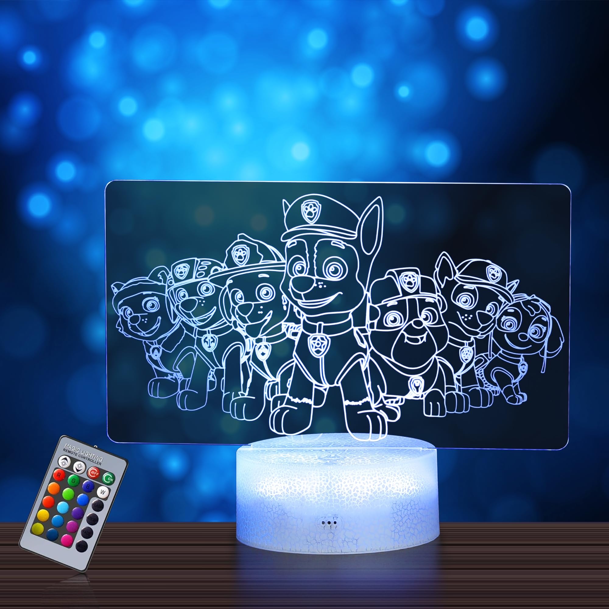 PAW Patroll Cartoon Series 3D Night Light for Kids Illusion Lamp with 16 RGB Colors Changing Dimmable Remote & Smart Touch 3D Stereo Bedside Table LED Night Lamp Room Decor Visual Creative Gift Lamp